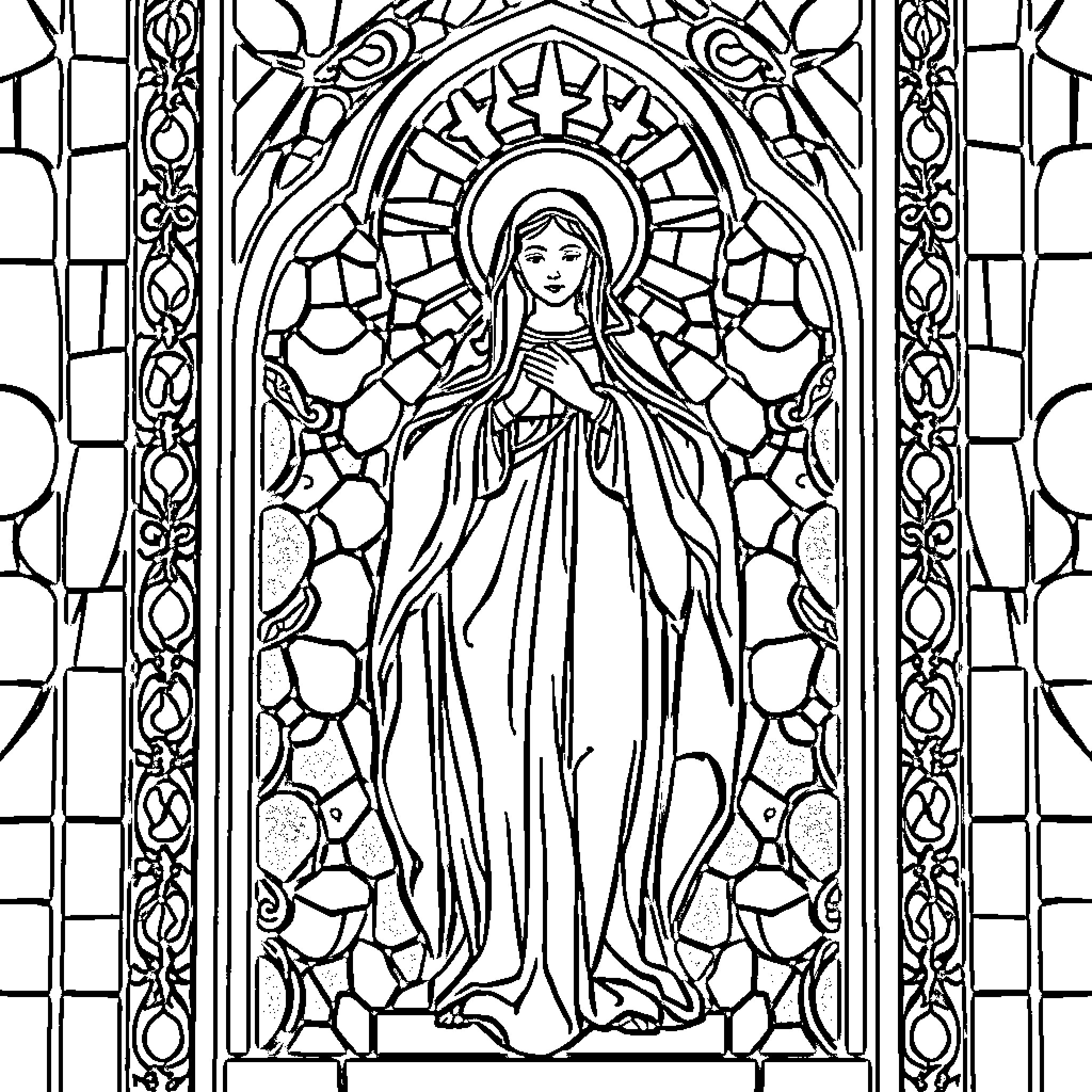 Mary standing in a stained glass window Coloring Page (free black-and-white line drawing printable PDF for all, from beginners to advanced learners, including children, teens, adults, and seniors)