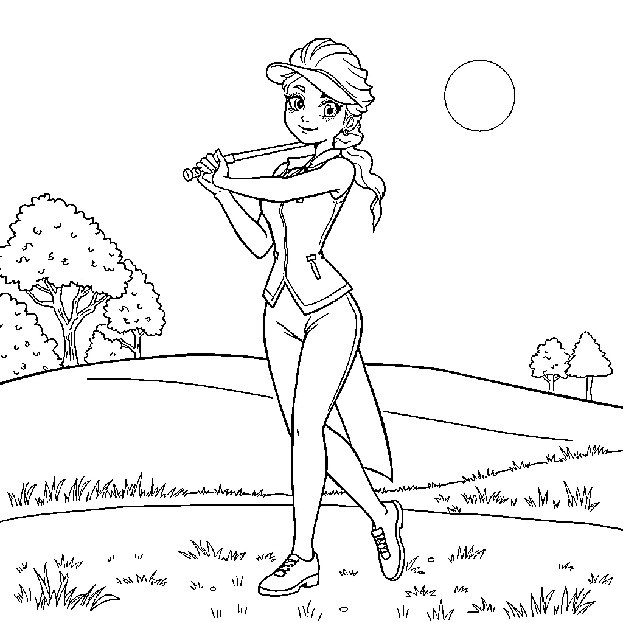 Elsa enjoying the outdoors with her sporty outfit Coloring Page (free black-and-white line drawing printable PDF for all, from beginners to advanced learners, including children, teens, adults, and seniors)