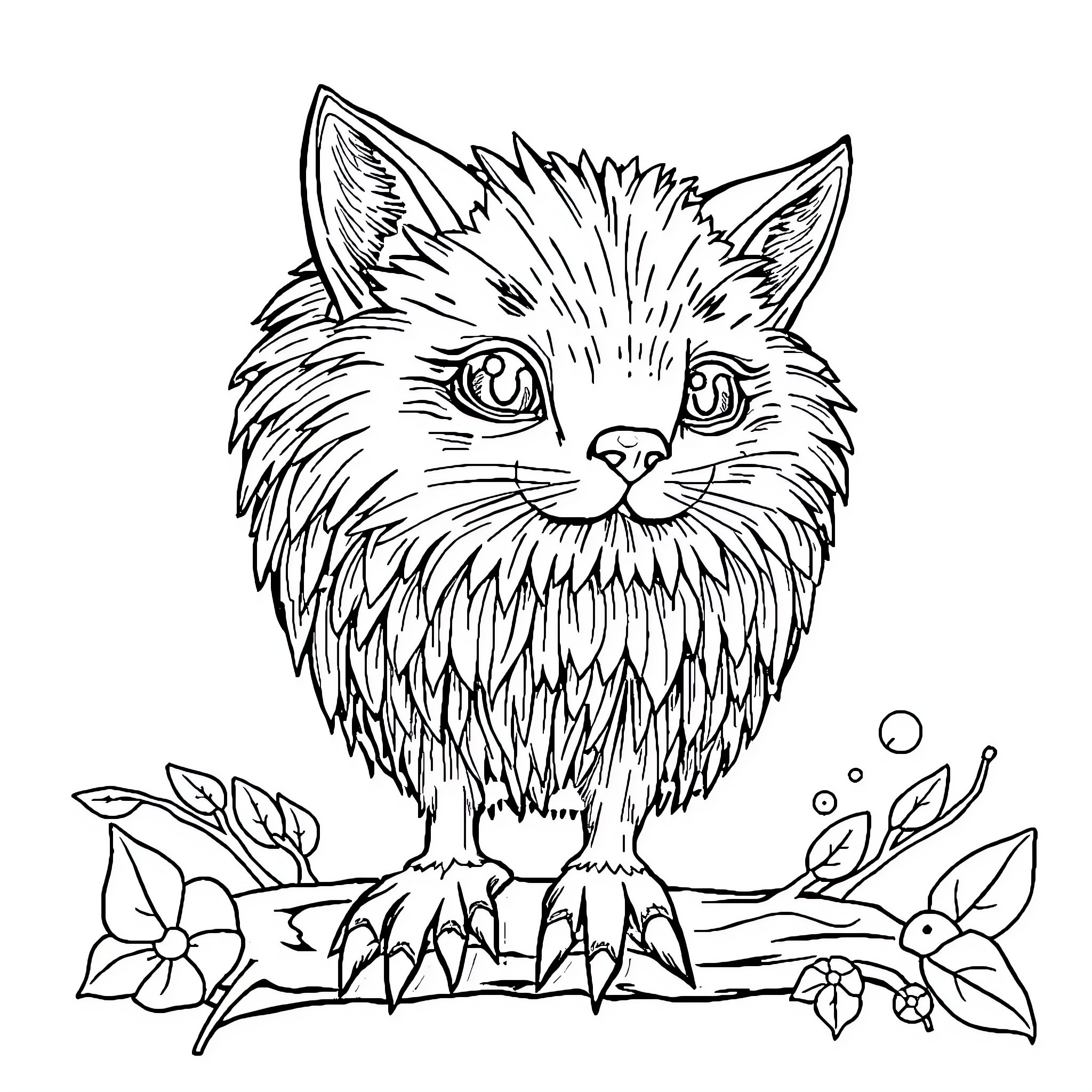 Bing Fluffy Cat with Flowers Coloring Page (free black-and-white line drawing printable PDF for all, from beginners to advanced learners, including children, teens, adults, and seniors)