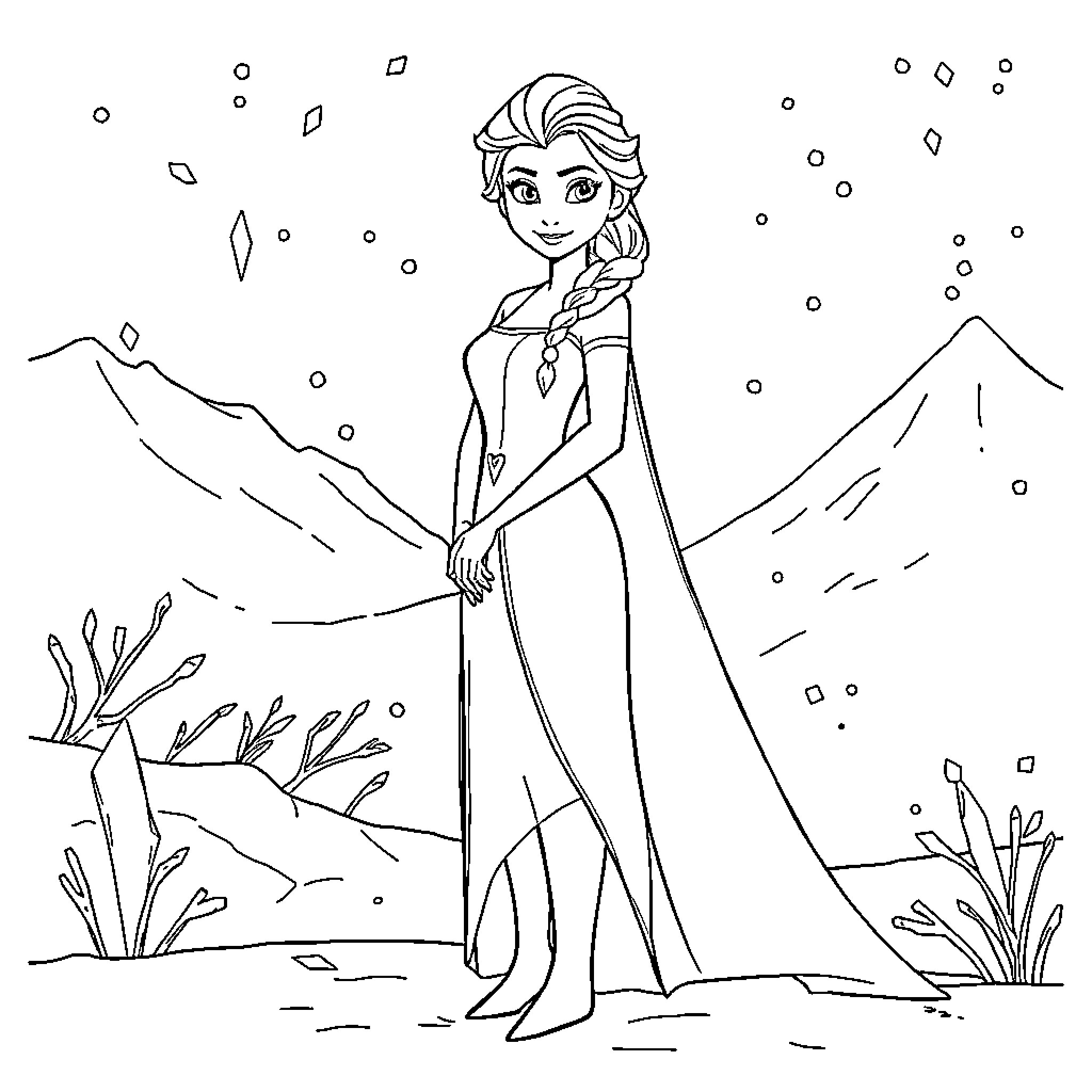 Elsa embracing the winter wonderland Coloring Page (free black-and-white line drawing printable PDF for all, from beginners to advanced learners, including children, teens, adults, and seniors)