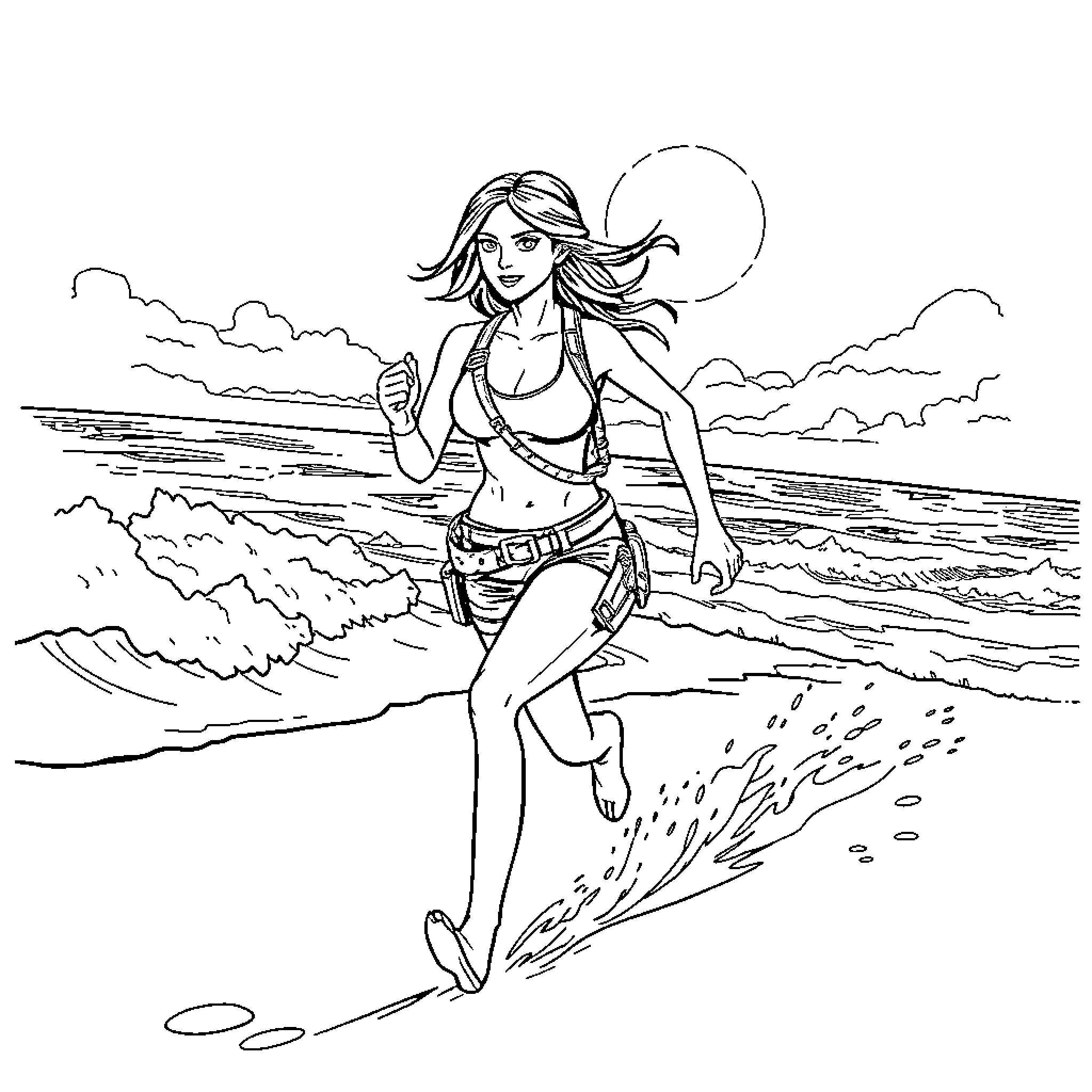 Lara Croft running on a tropical beach Coloring Page (free black-and-white line drawing printable PDF for all, from beginners to advanced learners, including children, teens, adults, and seniors)