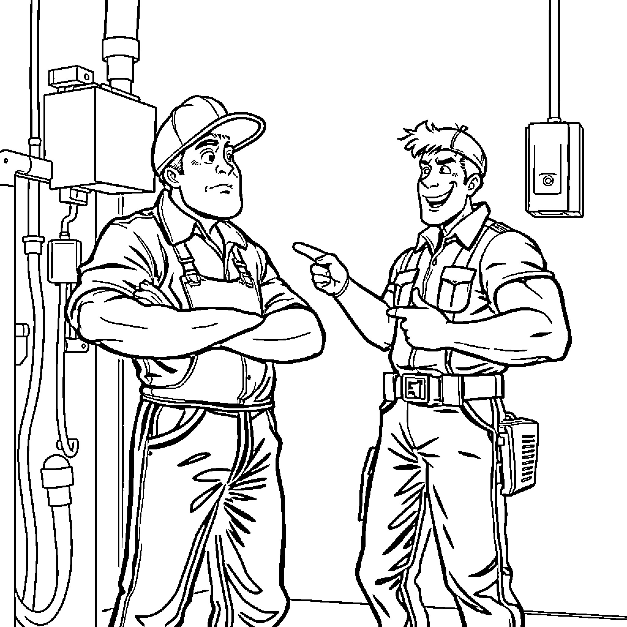 Technicians discussing equipment in industrial setting Coloring Page (free black-and-white line drawing printable PDF for all, from beginners to advanced learners, including children, teens, adults, and seniors)