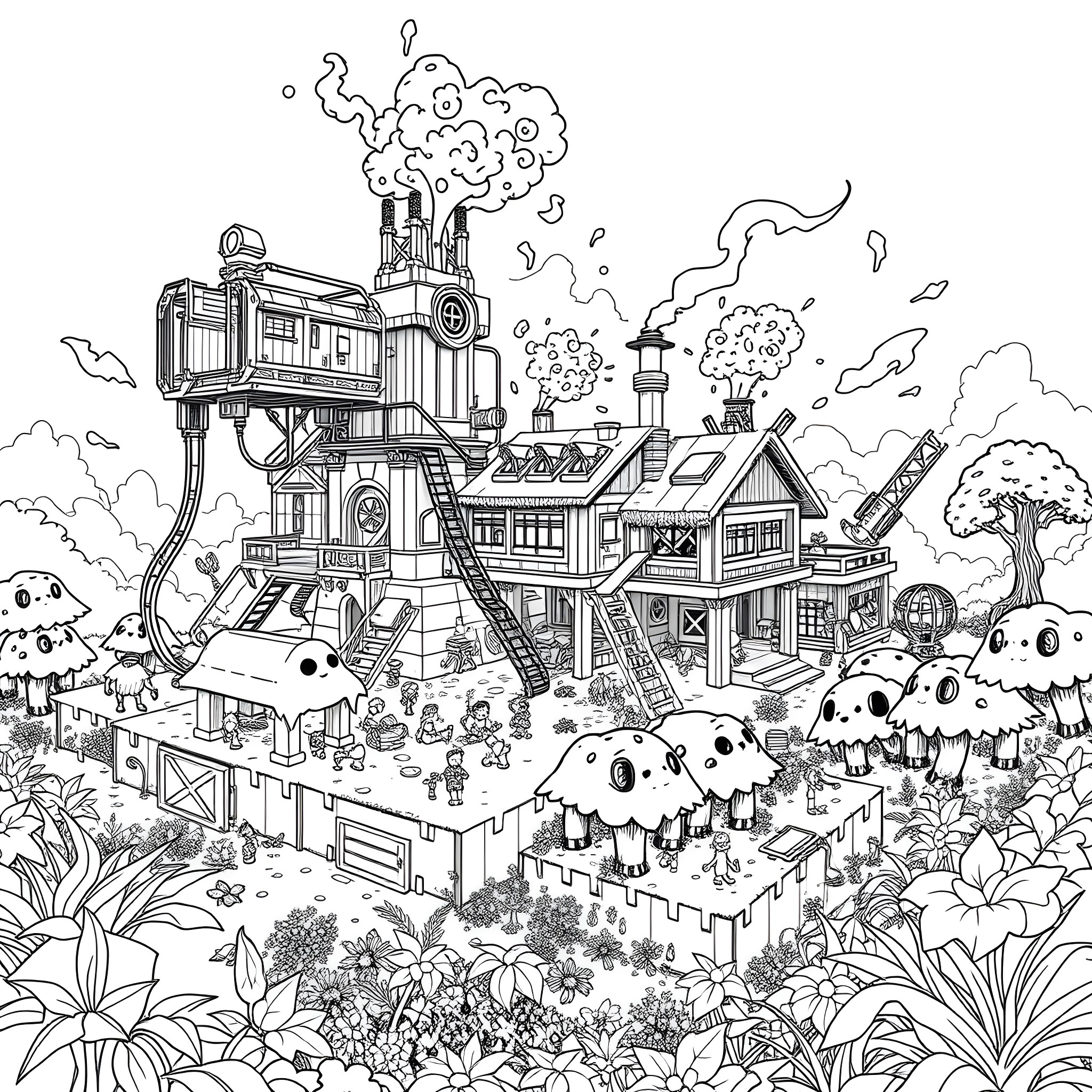 Creeper Mansion in Enchanted Forest Coloring Page (free black-and-white line drawing printable PDF for all, from beginners to advanced learners, including children, teens, adults, and seniors)