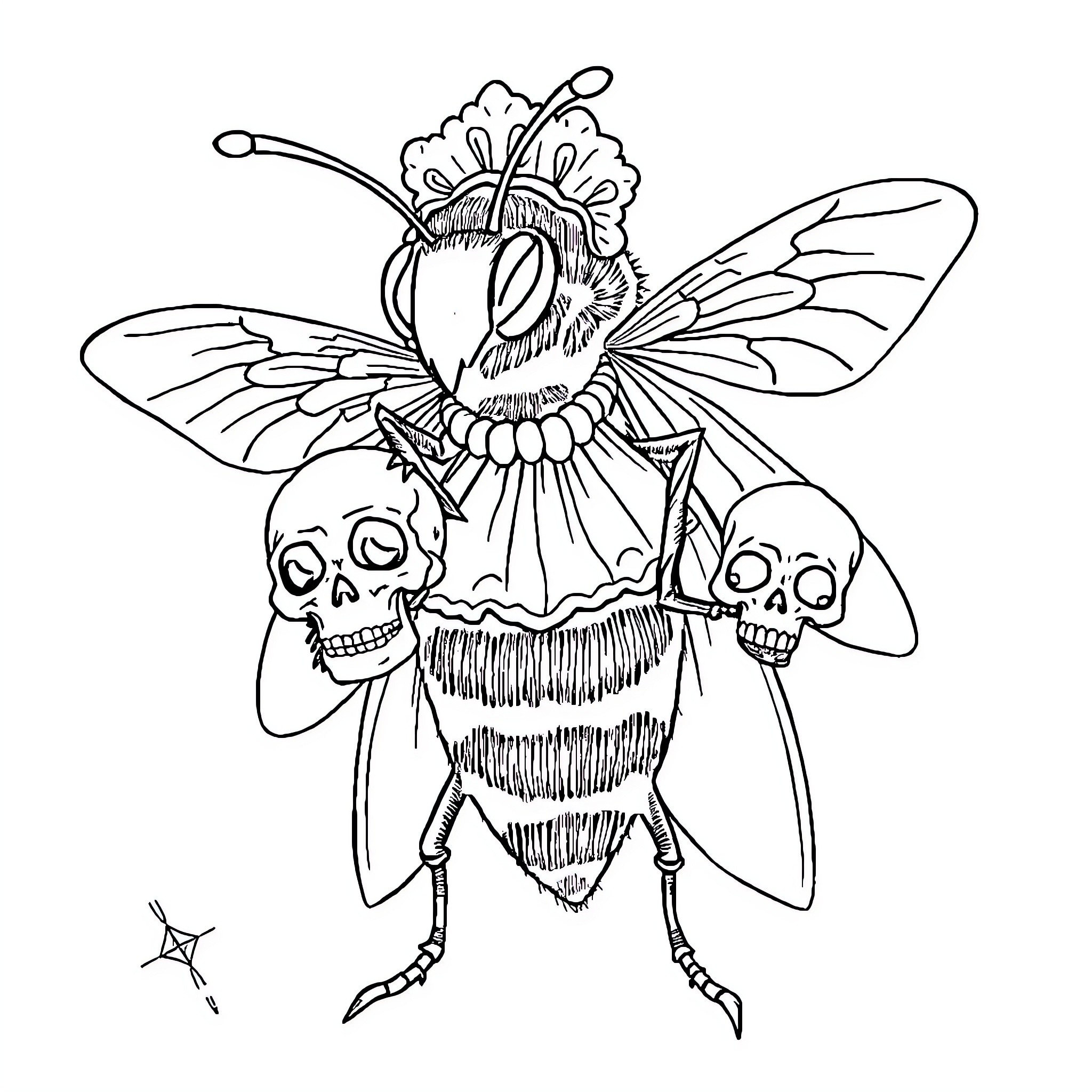Ladybug with skulls and wings Coloring Page (free black-and-white line drawing printable PDF for all, from beginners to advanced learners, including children, teens, adults, and seniors)
