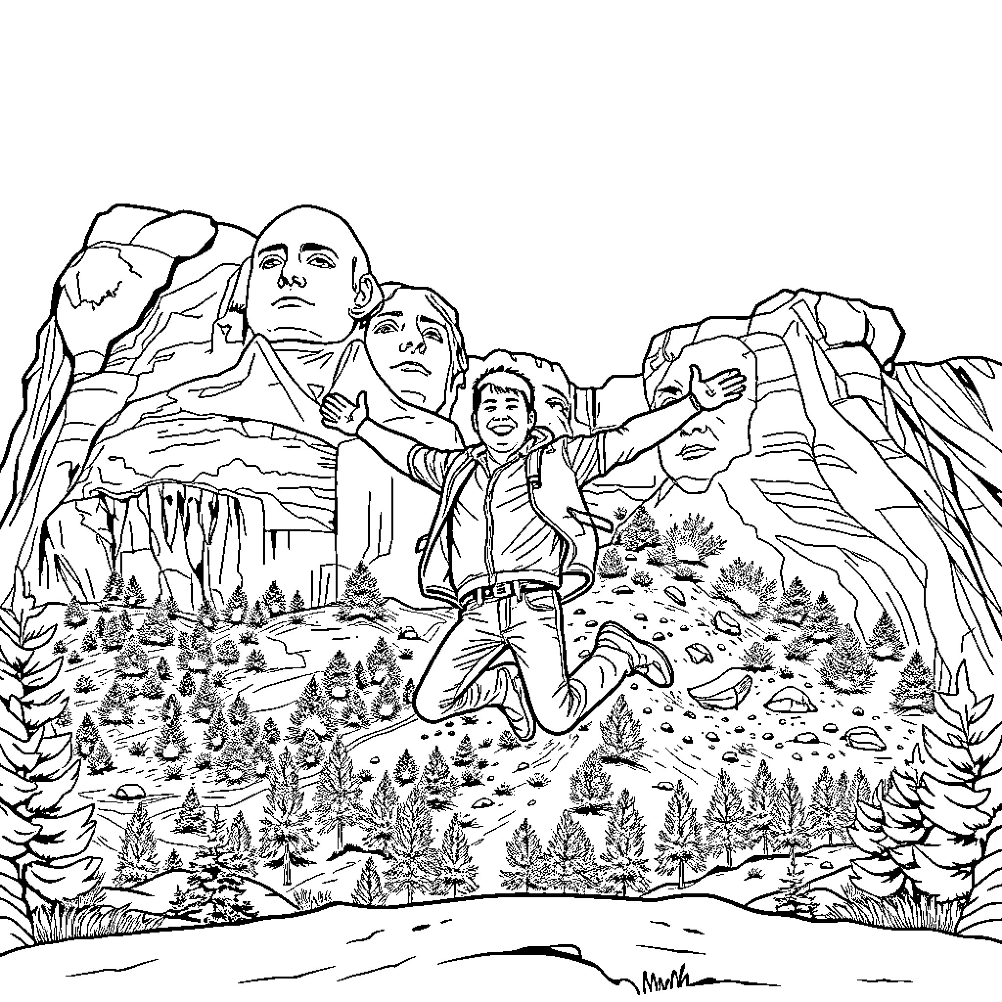Man celebrates historic monument in the wilderness Coloring Page (free black-and-white line drawing printable PDF for all, from beginners to advanced learners, including children, teens, adults, and seniors)