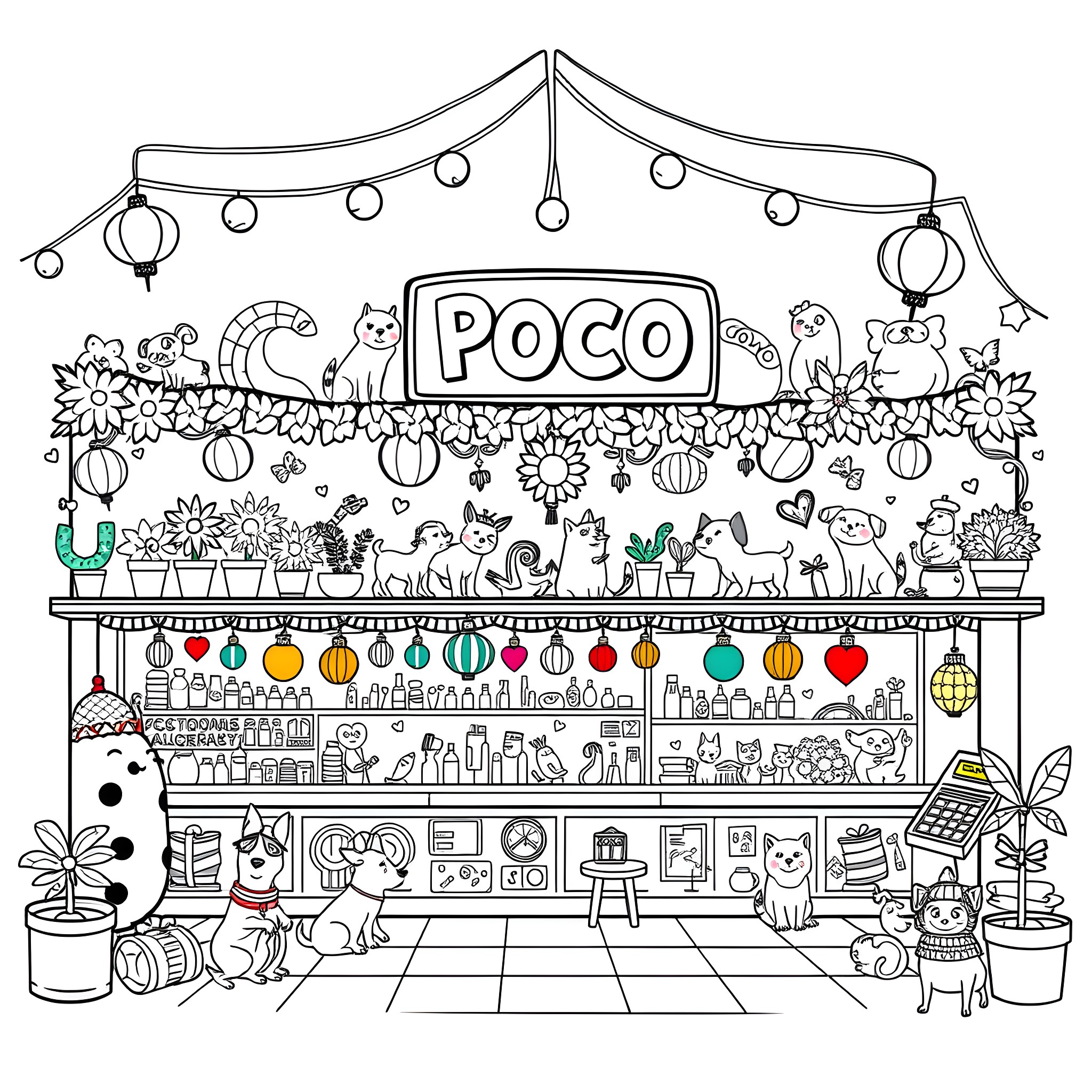 Pet Store with Whimsical Decor and Playful Animals Coloring Page (free black-and-white line drawing printable PDF for all, from beginners to advanced learners, including children, teens, adults, and seniors)