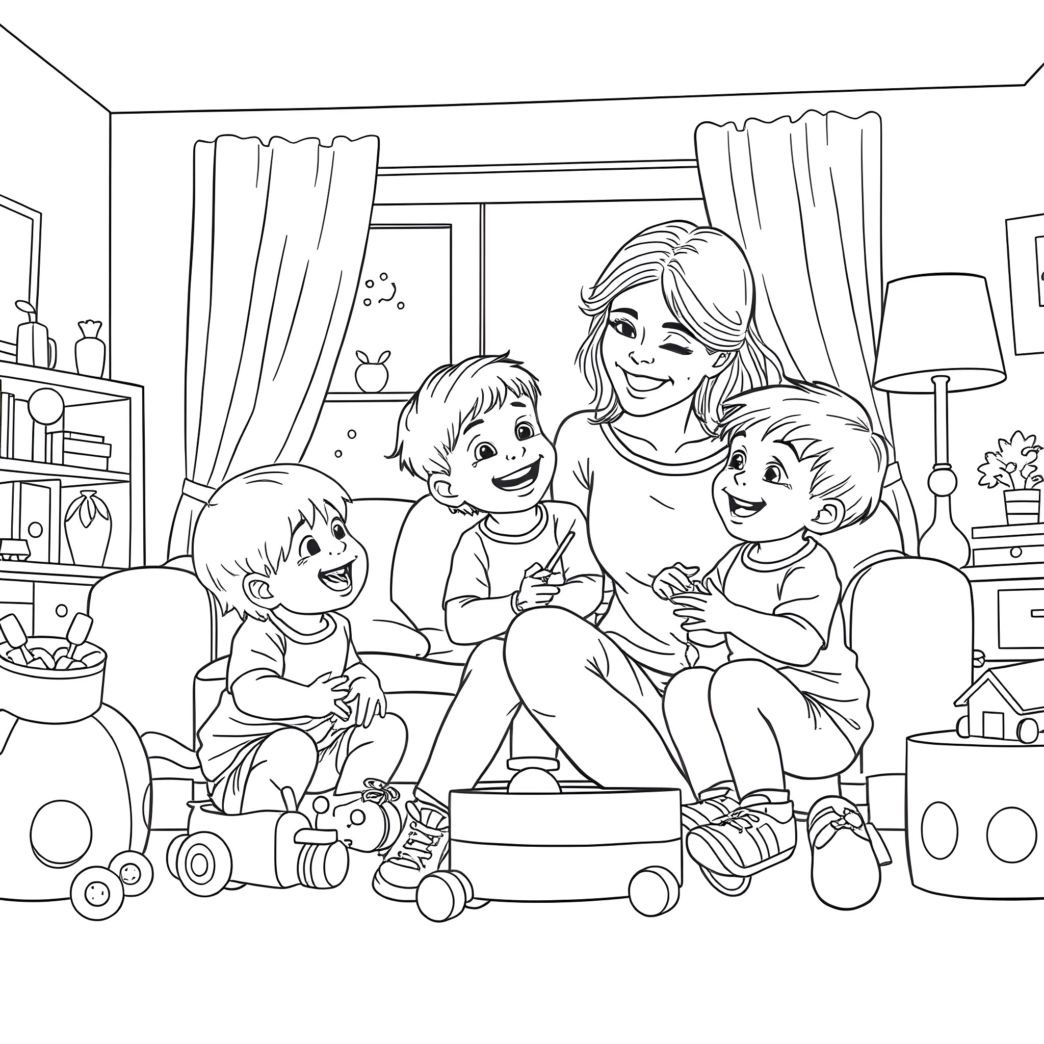 Mom spending quality time with her children at home Coloring Page (free black-and-white line drawing printable PDF for all, from beginners to advanced learners, including children, teens, adults, and seniors)