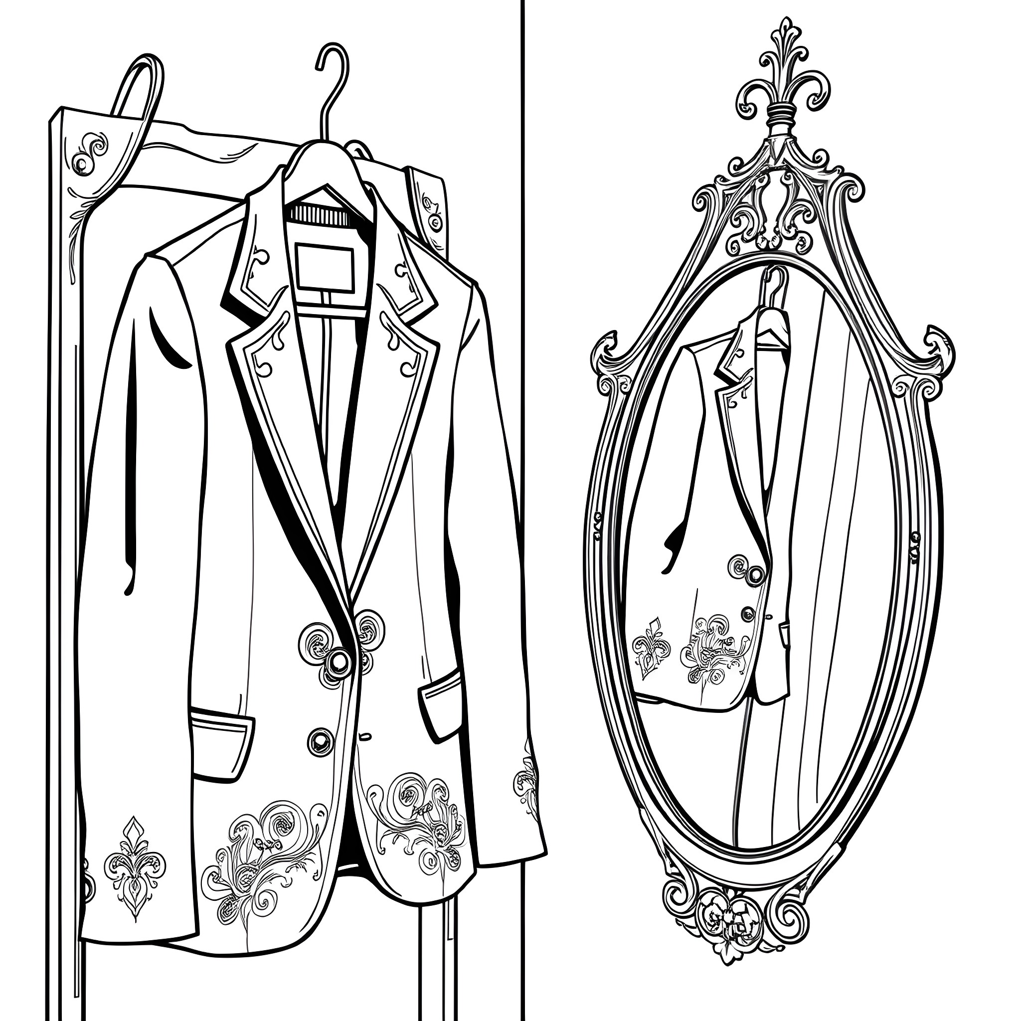Blazer Fashion Display in Ornate Mirror Coloring Page (free black-and-white line drawing printable PDF for all, from beginners to advanced learners, including children, teens, adults, and seniors)