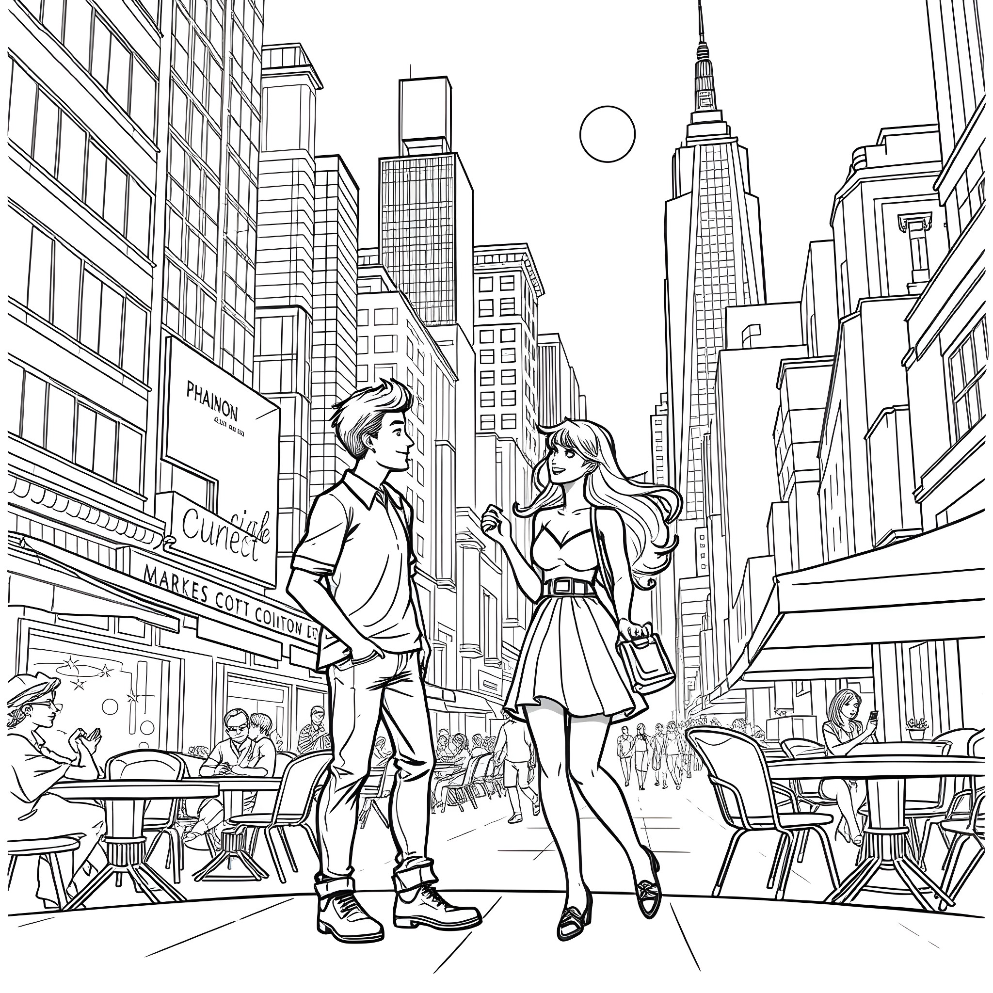 Phainon: Couple Strolling Through Bustling City Streets Coloring Page (free black-and-white line drawing printable PDF for all, from beginners to advanced learners, including children, teens, adults, and seniors)