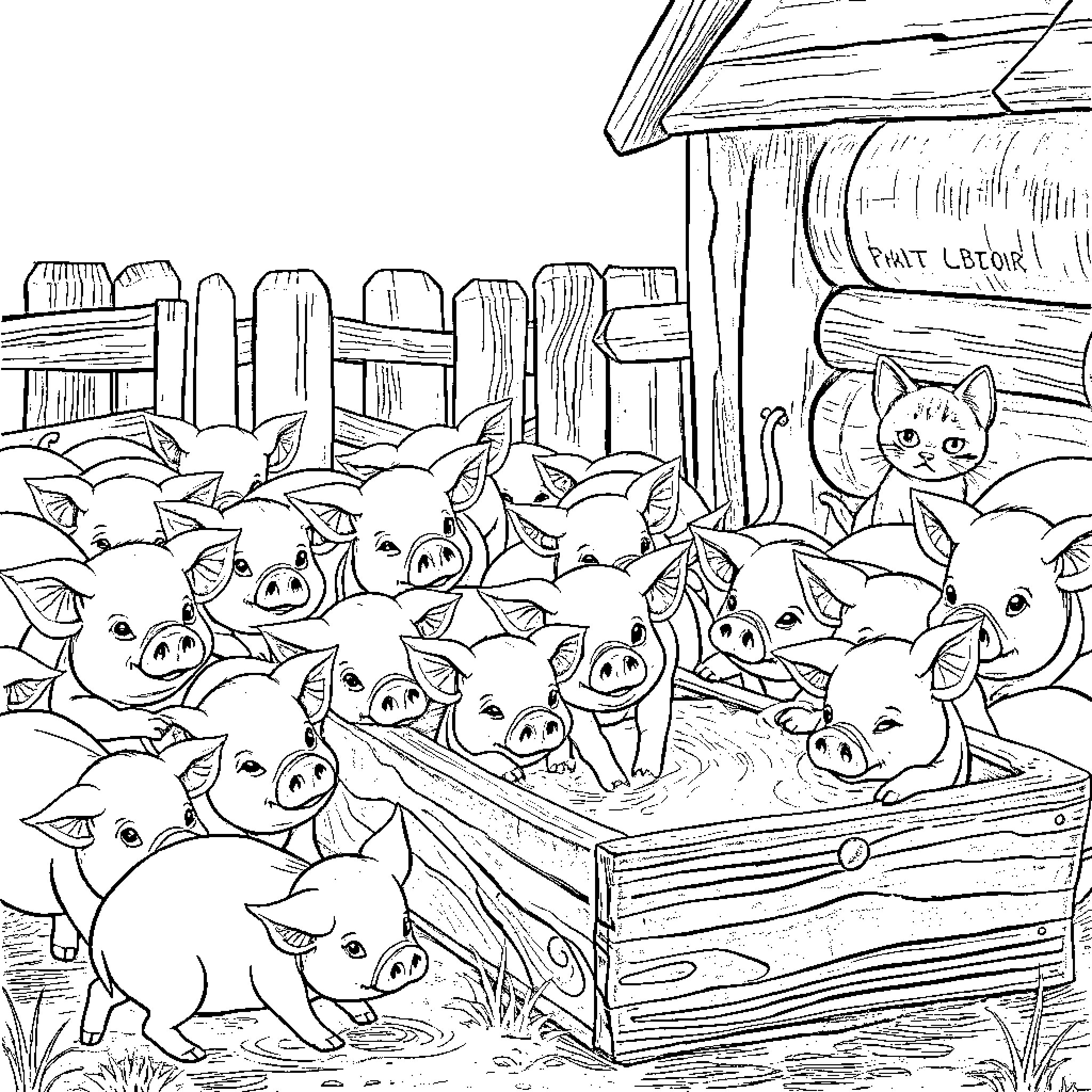 Pig farm with adorable piglets and a curious cat Coloring Page (free black-and-white line drawing printable PDF for all, from beginners to advanced learners, including children, teens, adults, and seniors)