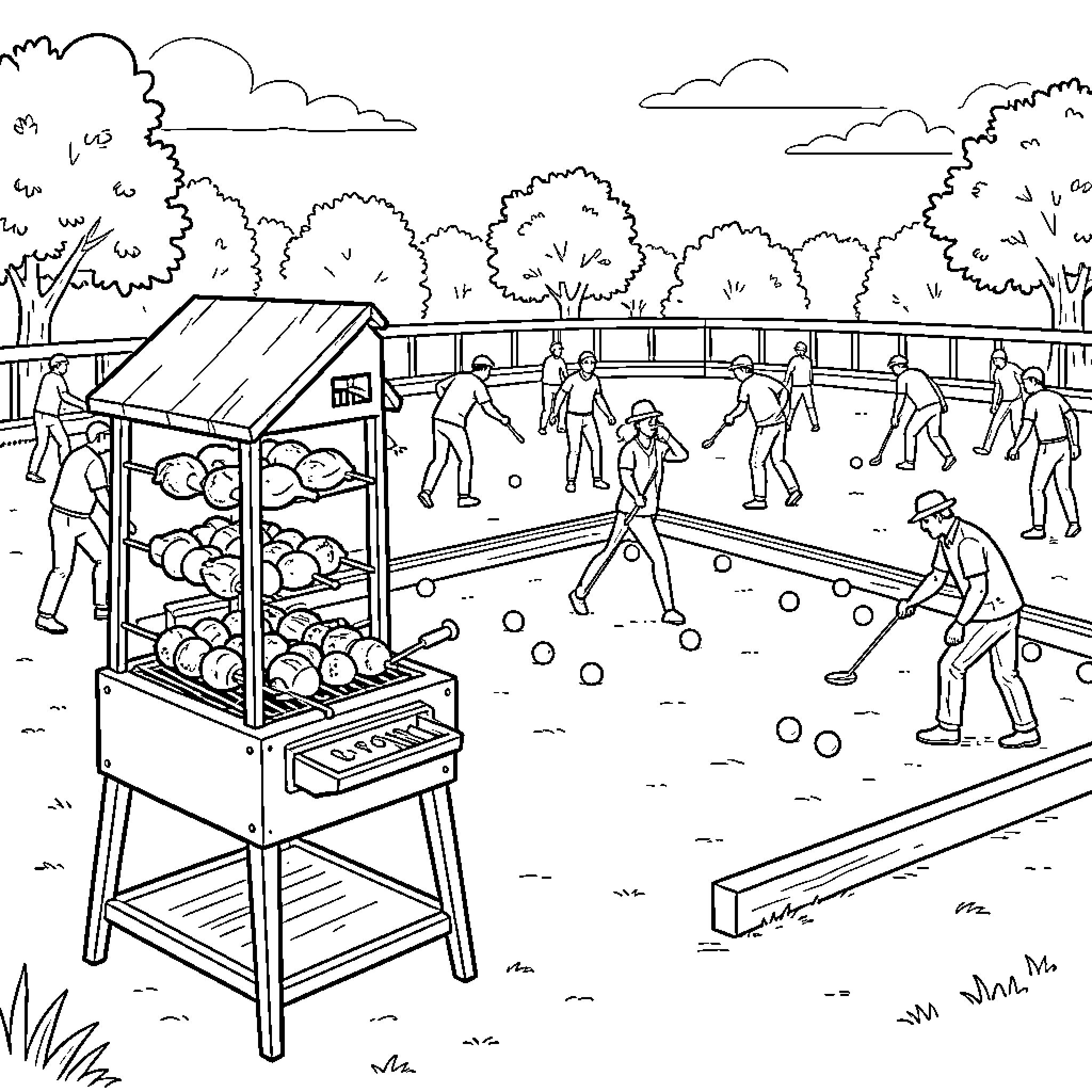 Poulet playing croquet in a sunny garden setting Coloring Page (free black-and-white line drawing printable PDF for all, from beginners to advanced learners, including children, teens, adults, and seniors)
