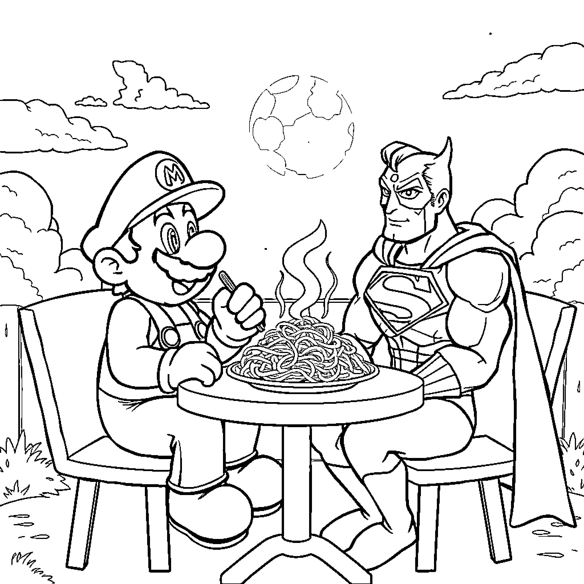 Mario and Superman Sharing a Meal Outdoors Coloring Page (free black-and-white line drawing printable PDF for all, from beginners to advanced learners, including children, teens, adults, and seniors)