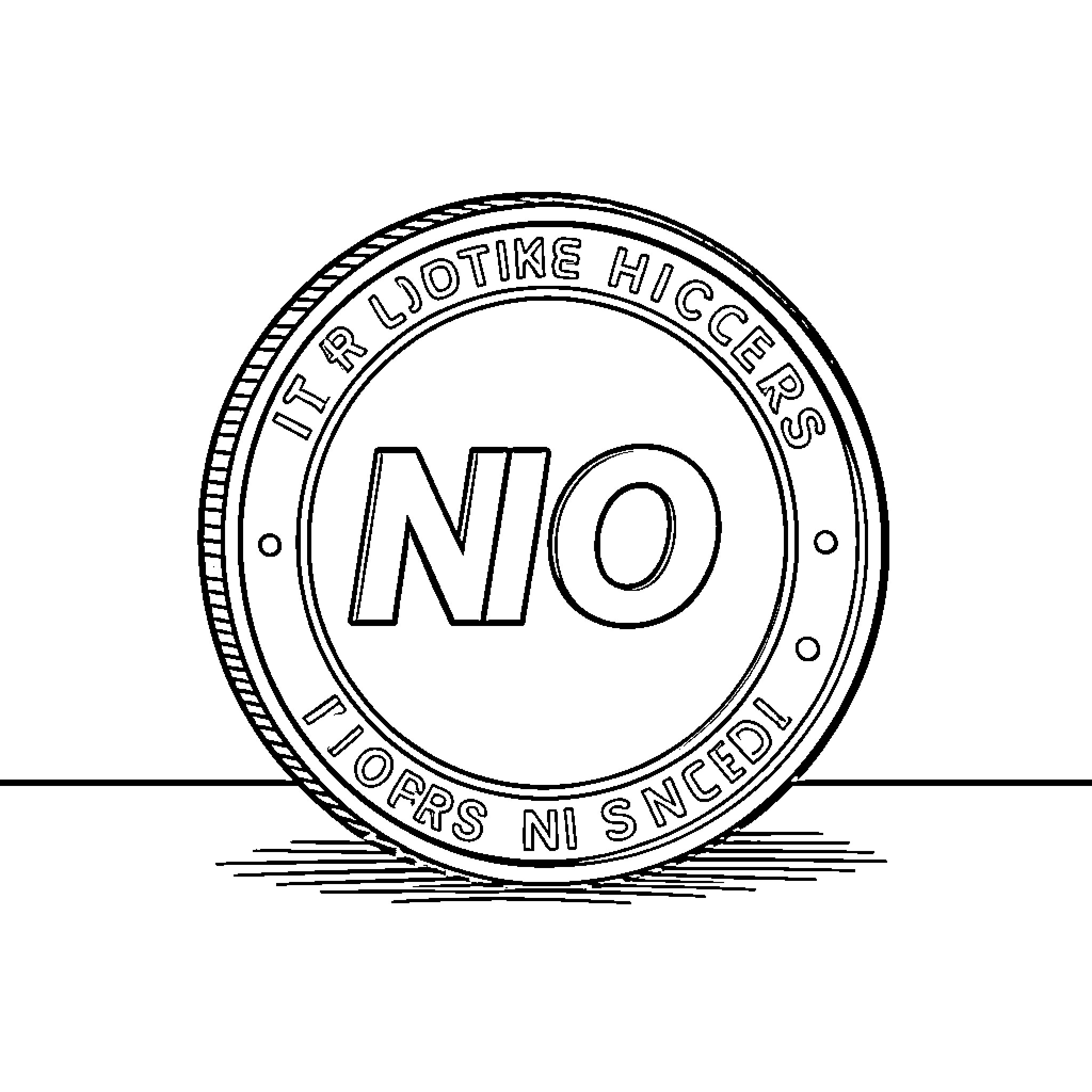Nico presenting a large coin with the word NO Coloring Page (free black-and-white line drawing printable PDF for all, from beginners to advanced learners, including children, teens, adults, and seniors)