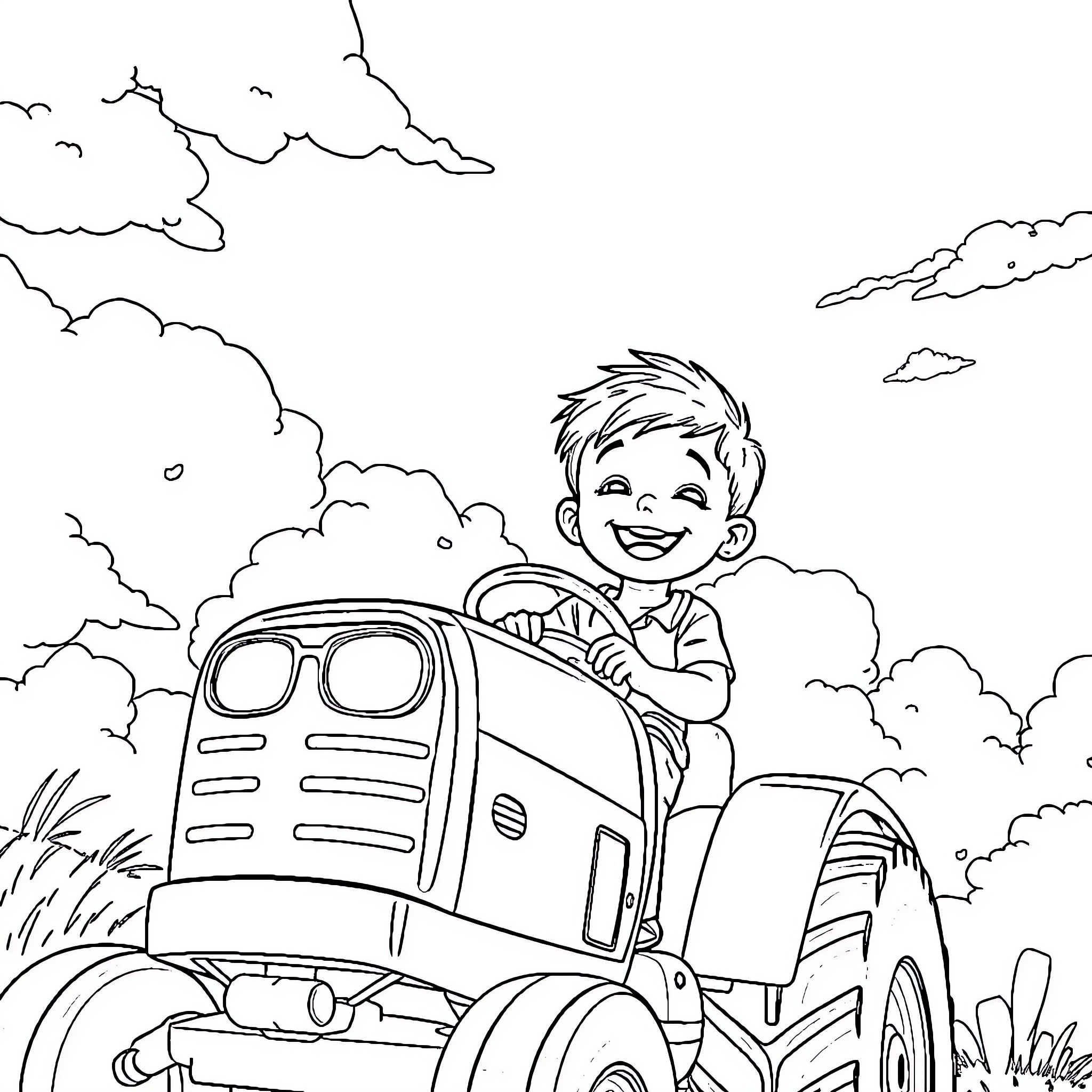 Child driving a tractor through the countryside Coloring Page (free black-and-white line drawing printable PDF for all, from beginners to advanced learners, including children, teens, adults, and seniors)