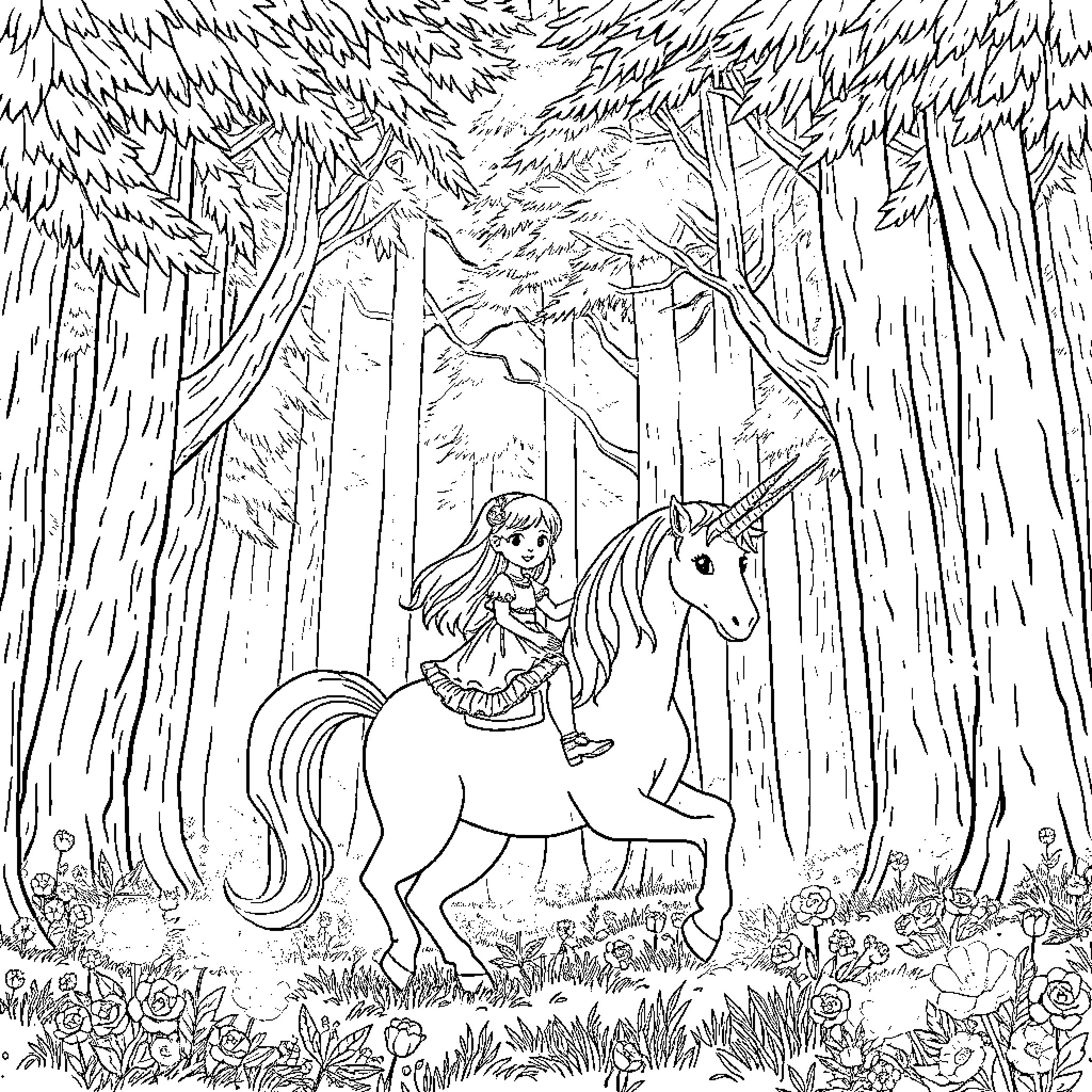 Girl riding unicorn through enchanted forest Coloring Page (free black-and-white line drawing printable PDF for all, from beginners to advanced learners, including children, teens, adults, and seniors)