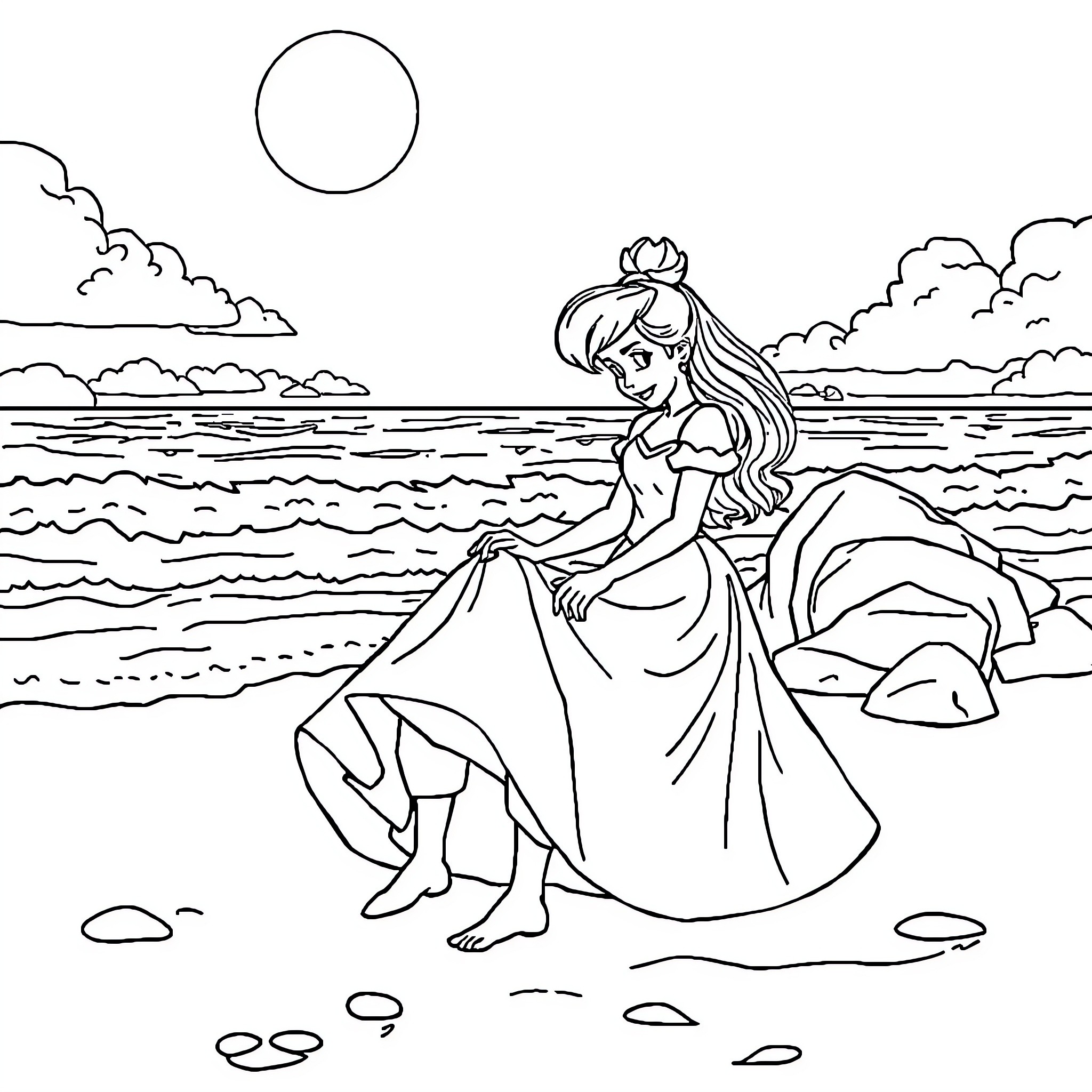Cinderella sitting on the beach at sunset Coloring Page (free black-and-white line drawing printable PDF for all, from beginners to advanced learners, including children, teens, adults, and seniors)
