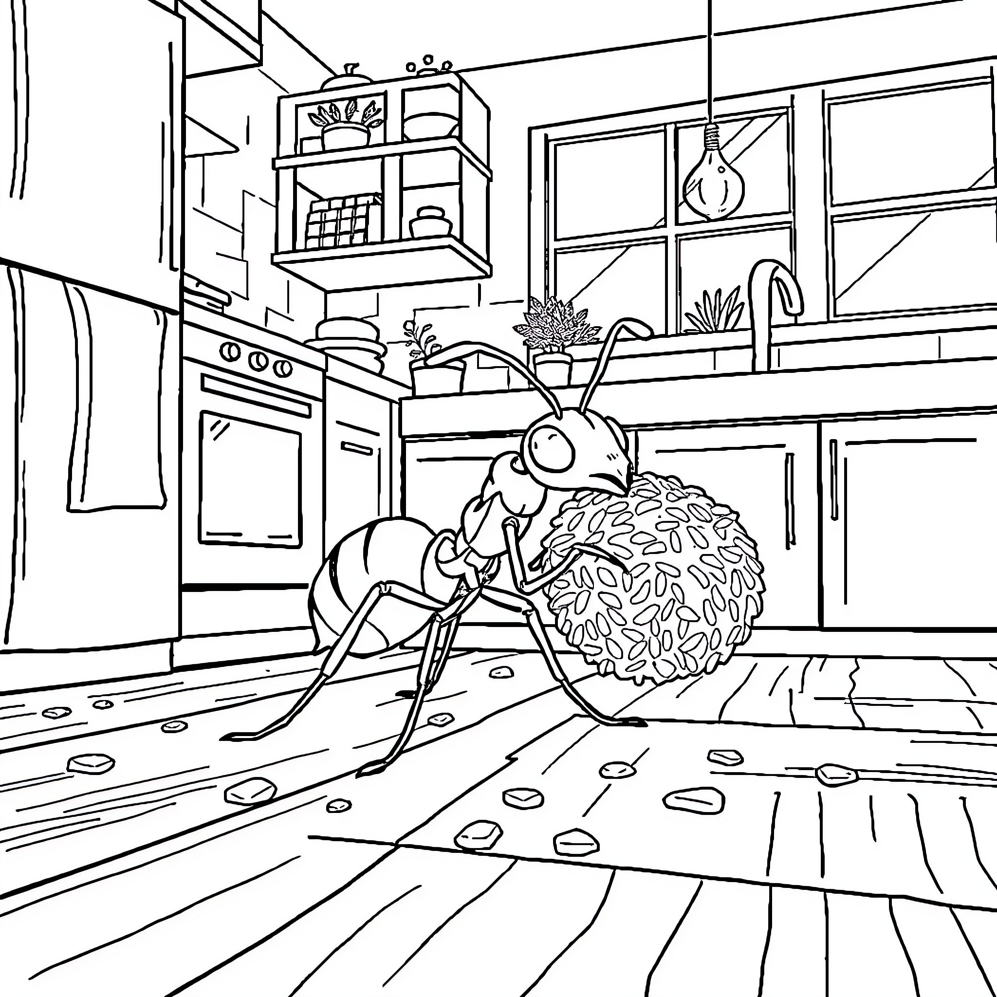 Ant exploring a cozy kitchen space Coloring Page (free black-and-white line drawing printable PDF for all, from beginners to advanced learners, including children, teens, adults, and seniors)