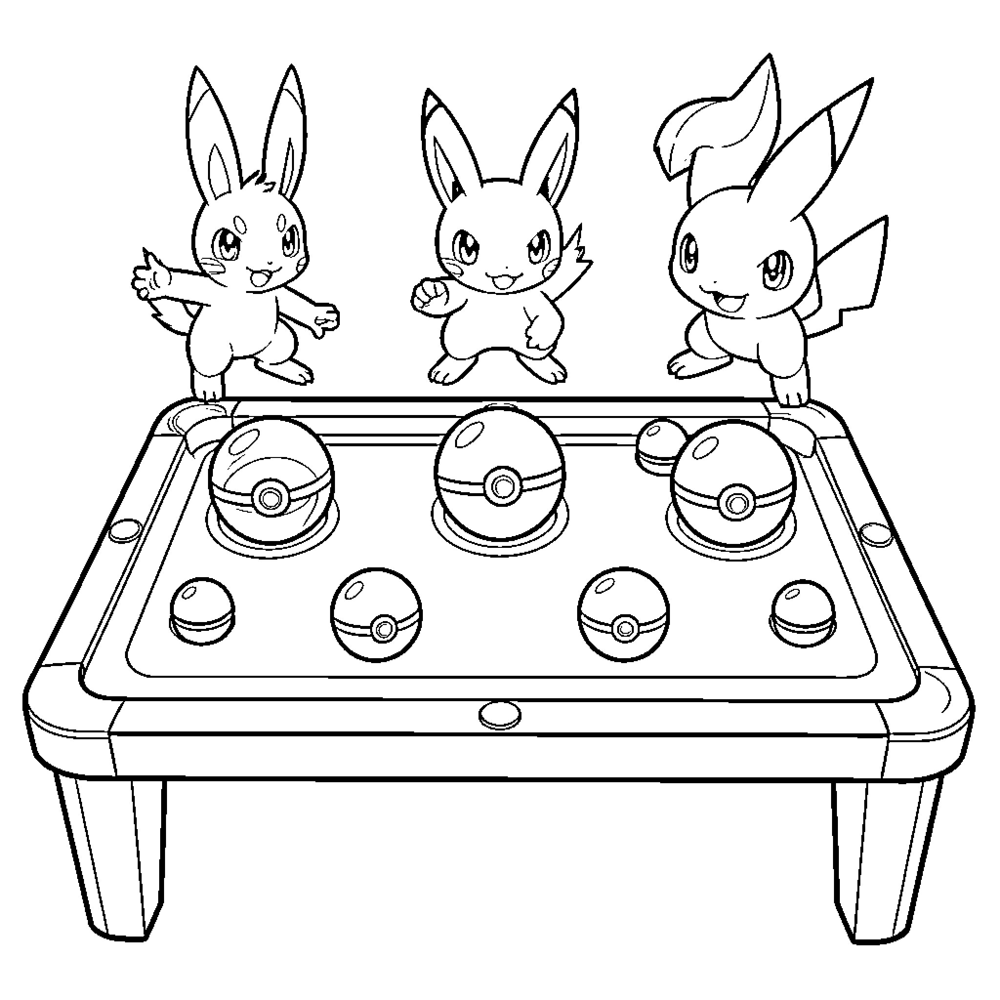 Pokémon characters celebrating around a table with Poké Balls Coloring Page (free black-and-white line drawing printable PDF for all, from beginners to advanced learners, including children, teens, adults, and seniors)
