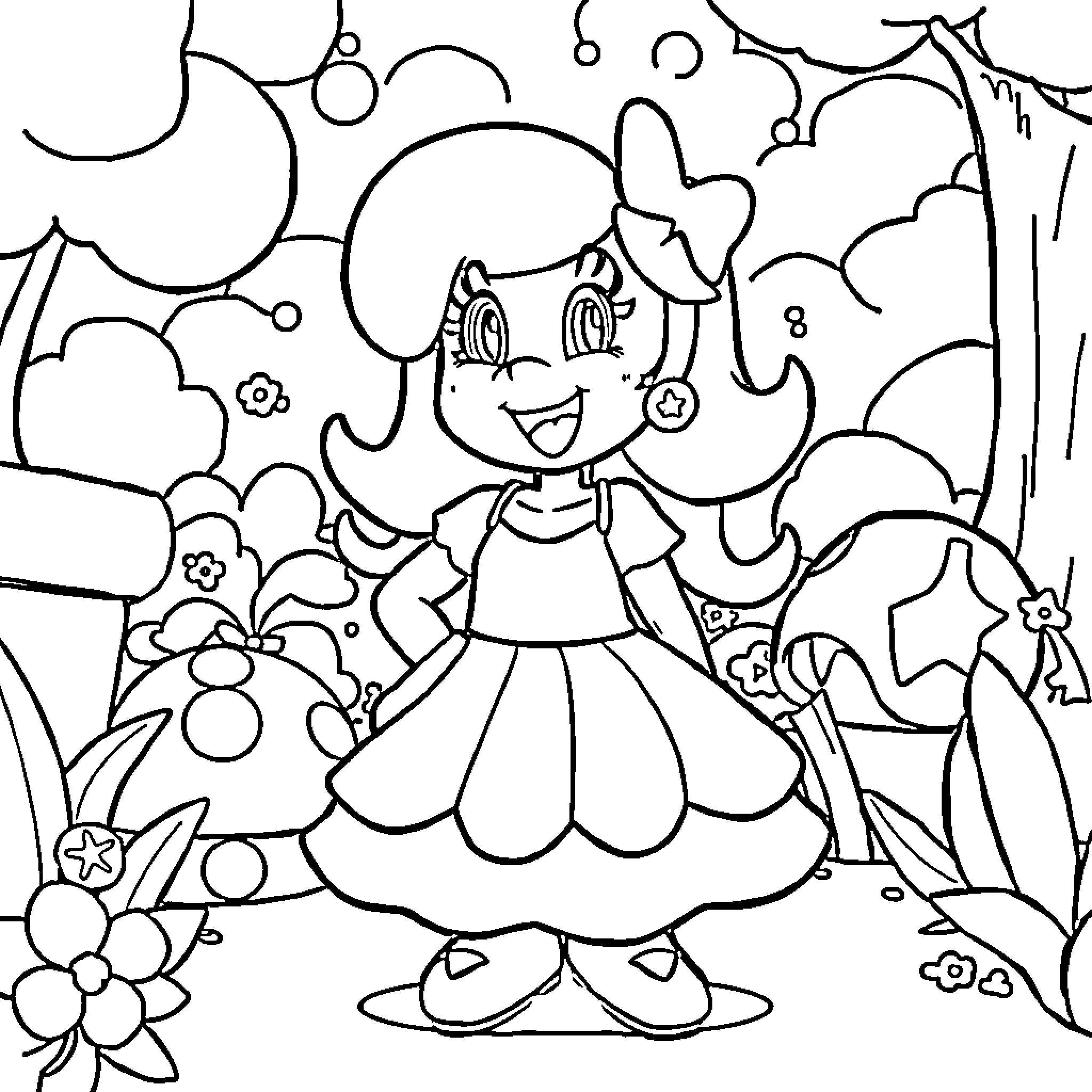 Stella's Whimsical Flower Garden Adventure Coloring Page (free black-and-white line drawing printable PDF for all, from beginners to advanced learners, including children, teens, adults, and seniors)
