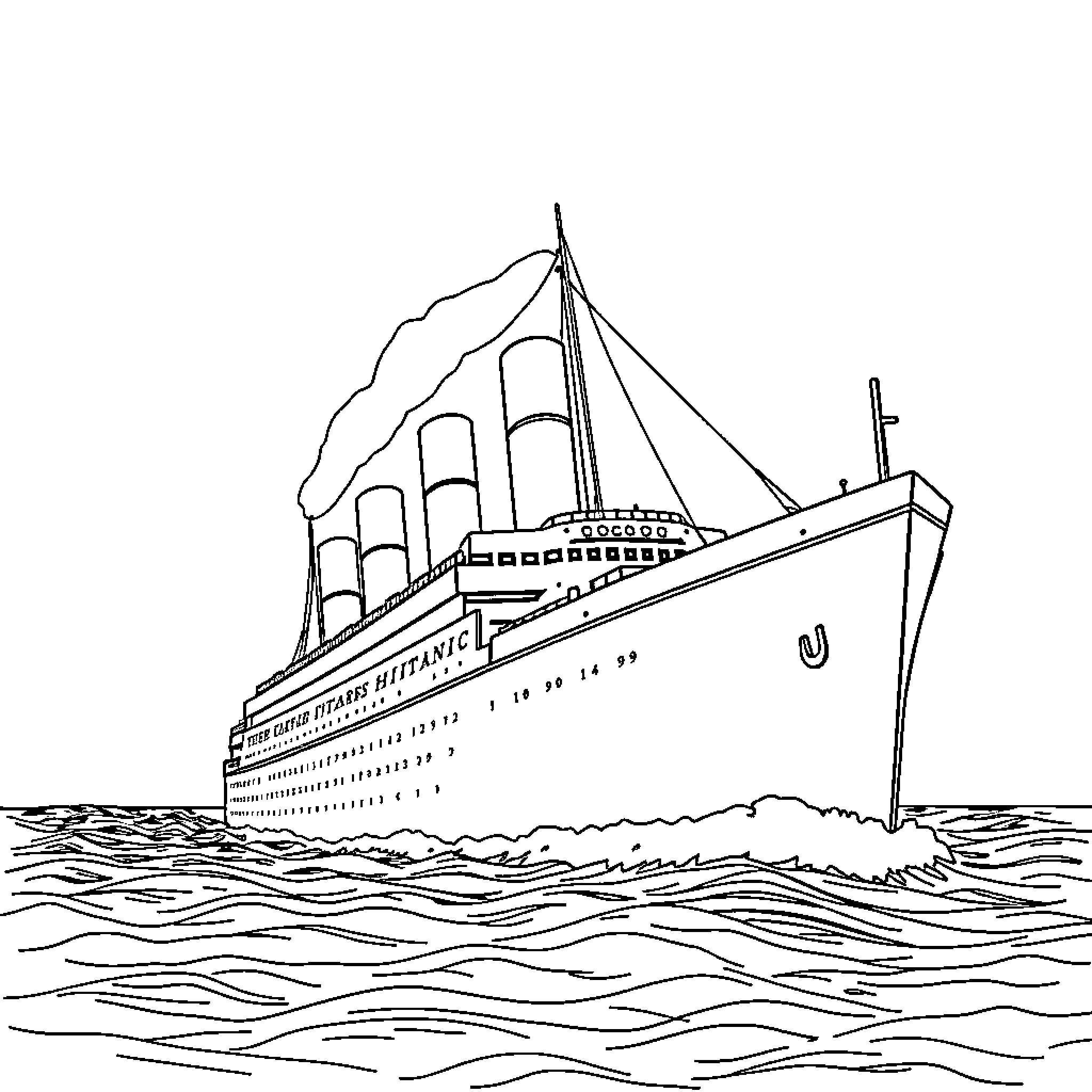 Titanic ship sailing on the open sea Coloring Page (free black-and-white line drawing printable PDF for all, from beginners to advanced learners, including children, teens, adults, and seniors)