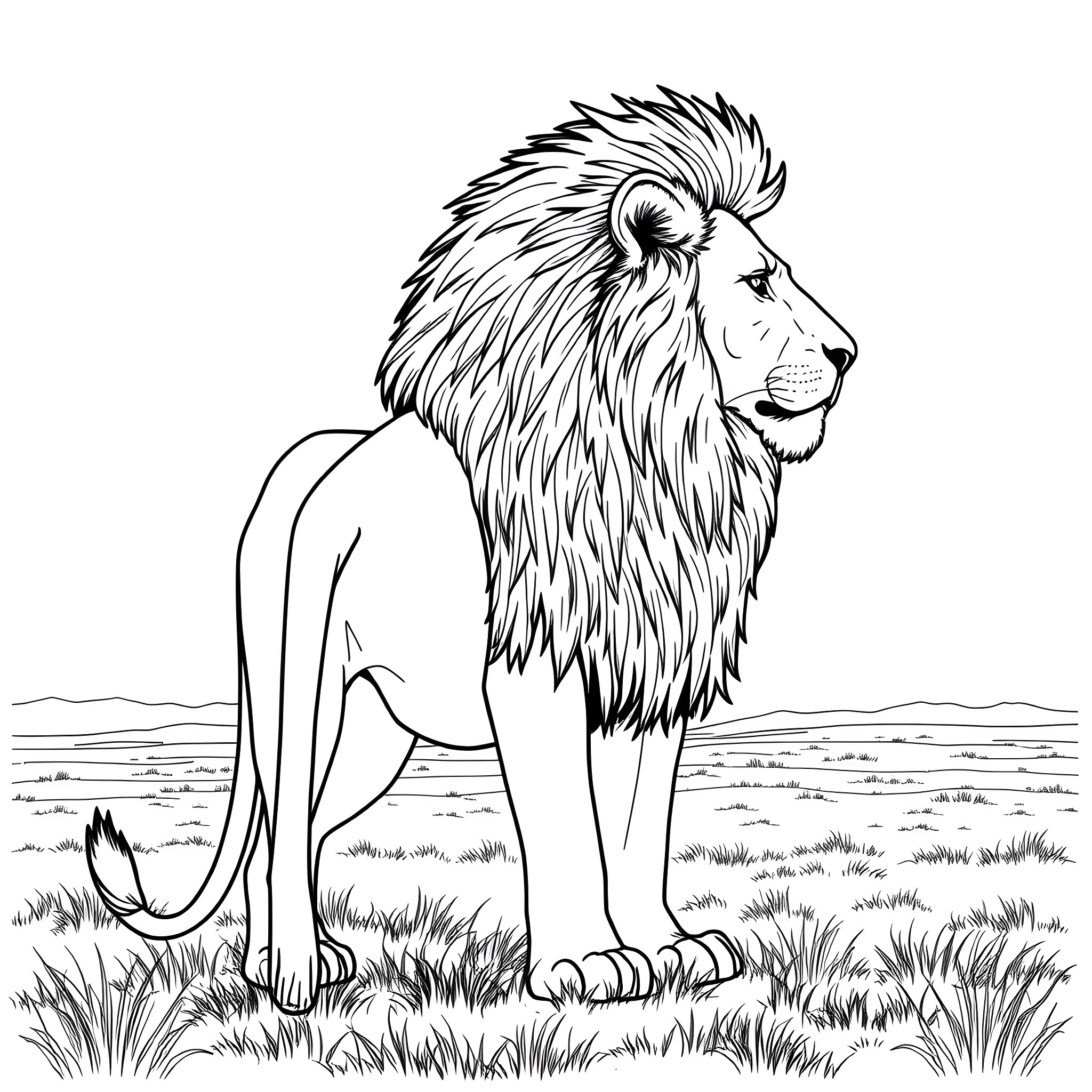 Lion standing majestically in the savanna Coloring Page (free black-and-white line drawing printable PDF for all, from beginners to advanced learners, including children, teens, adults, and seniors)
