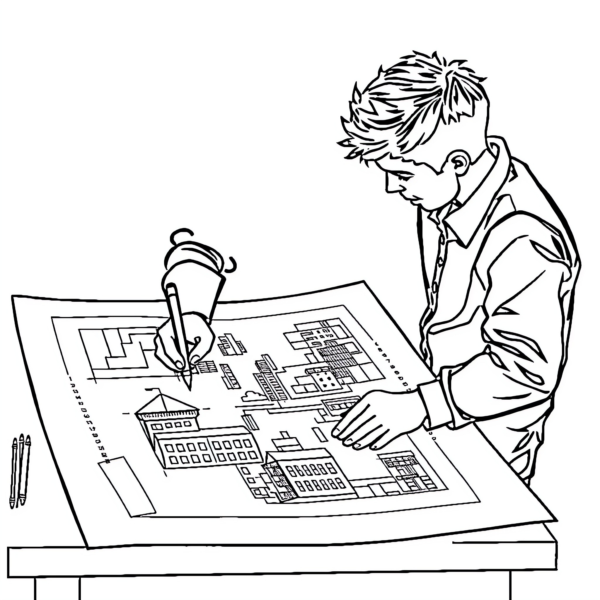 Architecture Student Intently Sketching Building Designs Coloring Page (free black-and-white line drawing printable PDF for all, from beginners to advanced learners, including children, teens, adults, and seniors)