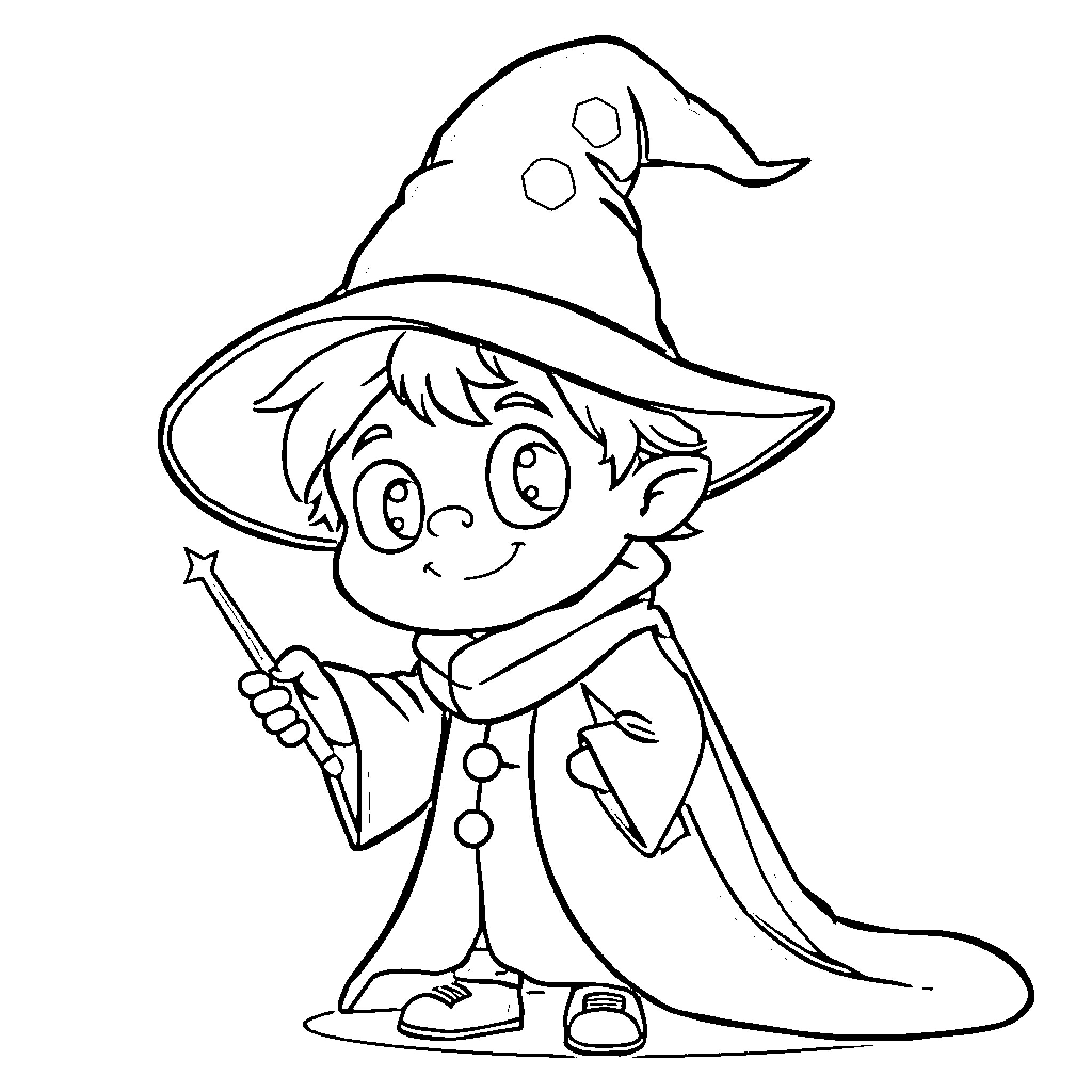 Kid Wizard casting spells with magic wand Coloring Page (free black-and-white line drawing printable PDF for all, from beginners to advanced learners, including children, teens, adults, and seniors)