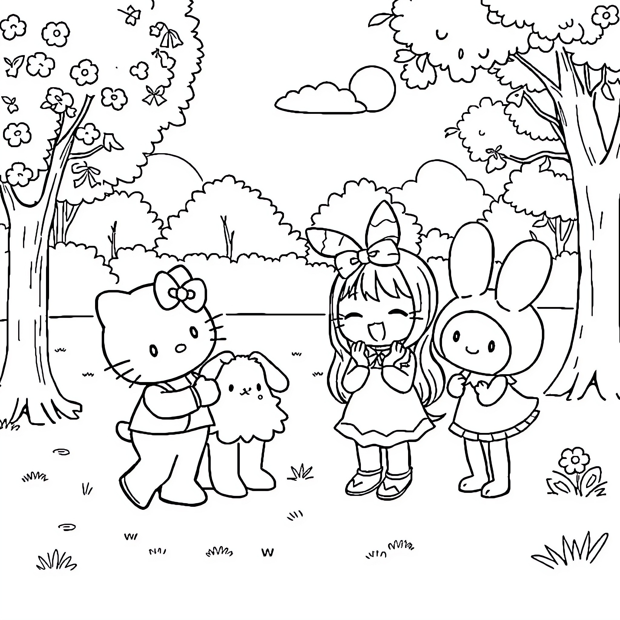 Hello Kitty and Friends Enjoying Nature Coloring Page (free black-and-white line drawing printable PDF for all, from beginners to advanced learners, including children, teens, adults, and seniors)