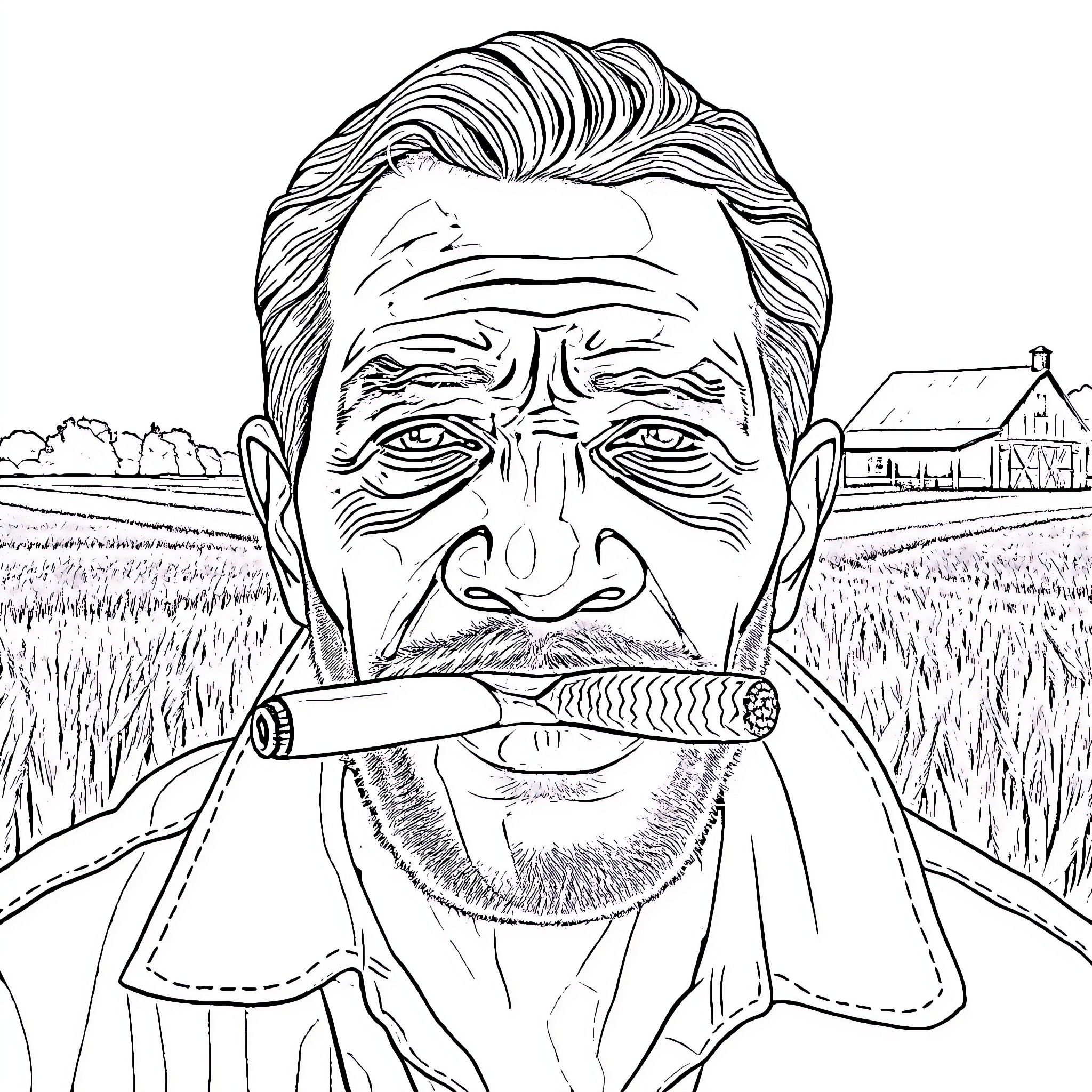 Man smoking cigar in rural countryside Coloring Page (free black-and-white line drawing printable PDF for all, from beginners to advanced learners, including children, teens, adults, and seniors)