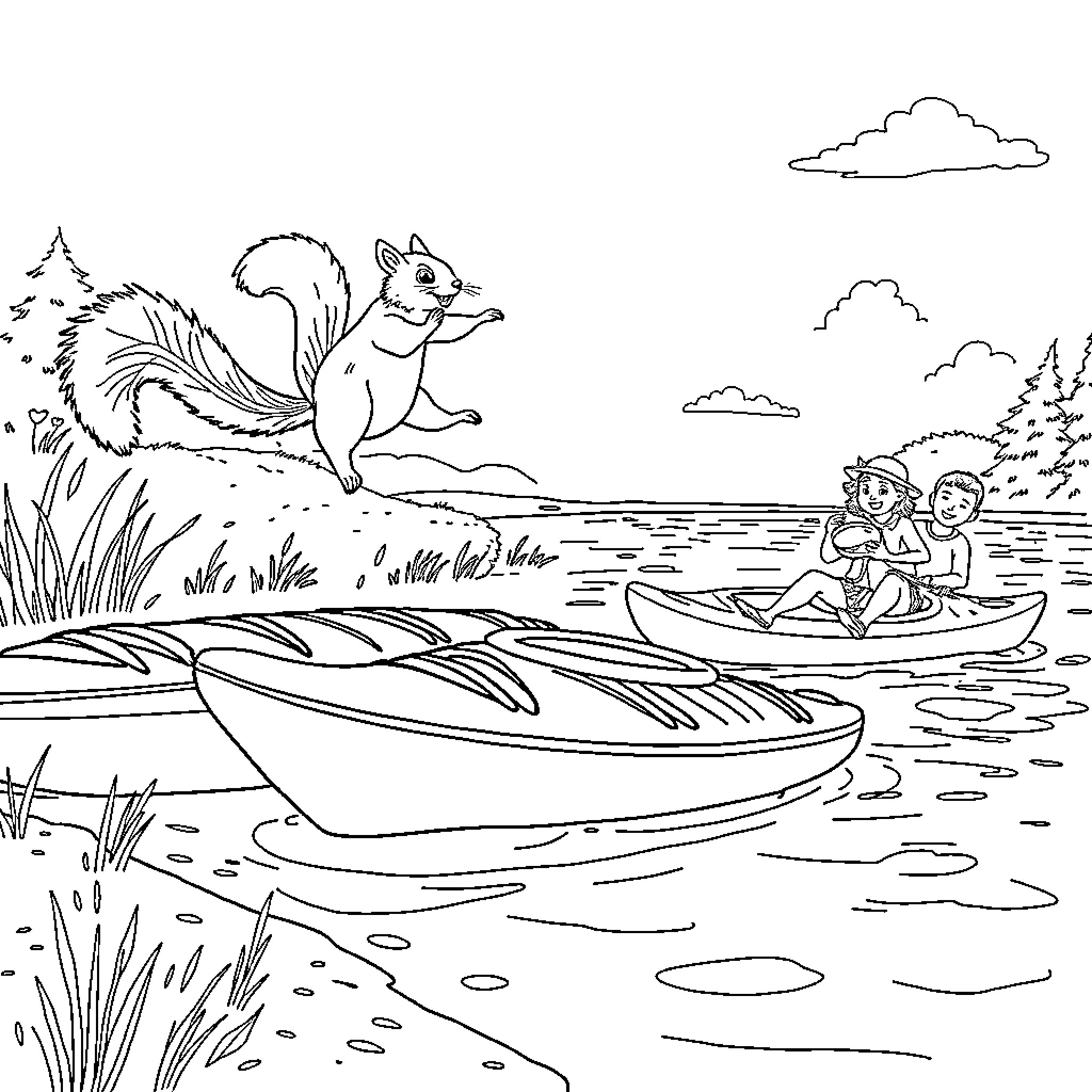 Squirrel Watches Children in Boat on Lake Coloring Page (free black-and-white line drawing printable PDF for all, from beginners to advanced learners, including children, teens, adults, and seniors)