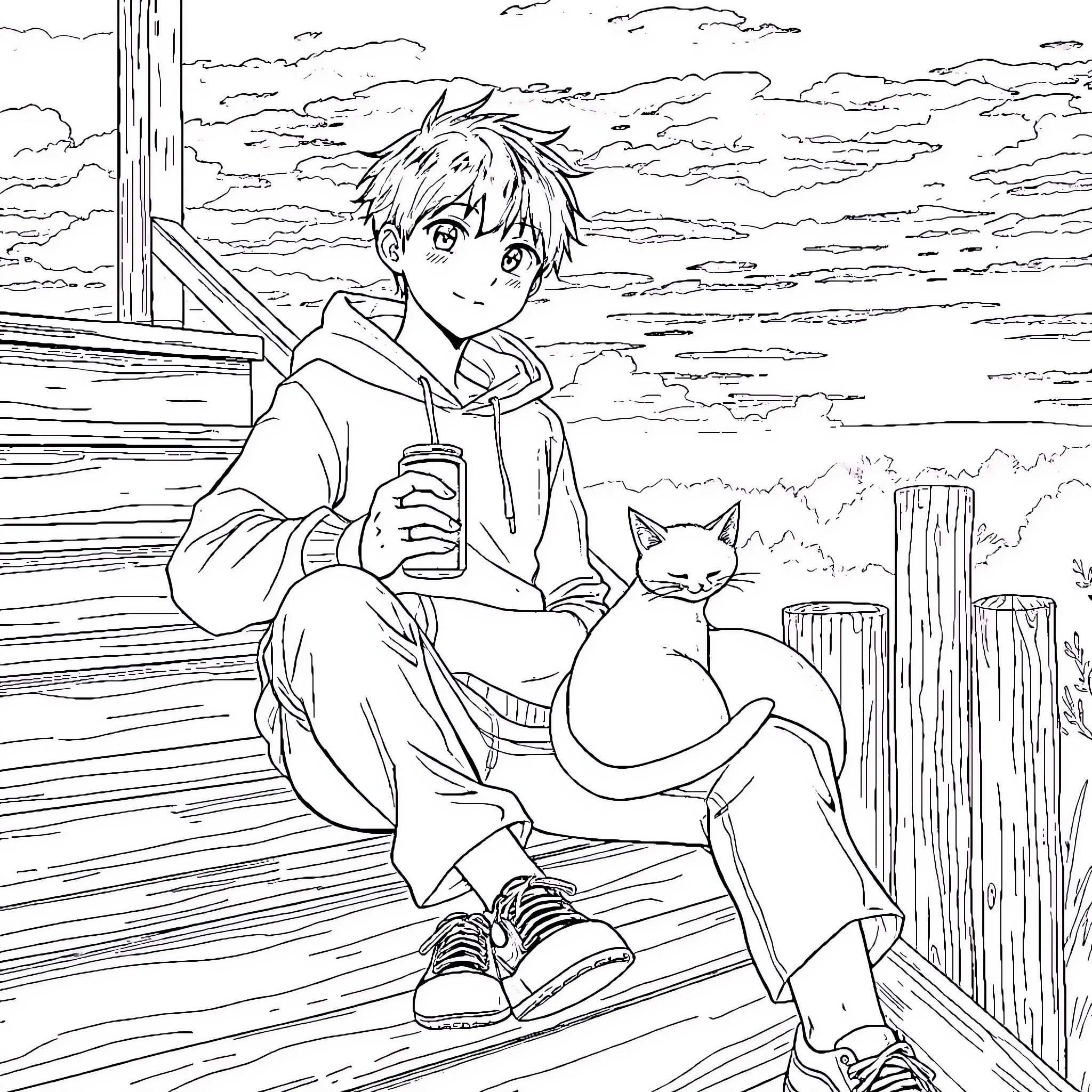 Anime Boy relaxing with his cat on a wooden bench Coloring Page (free black-and-white line drawing printable PDF for all, from beginners to advanced learners, including children, teens, adults, and seniors)