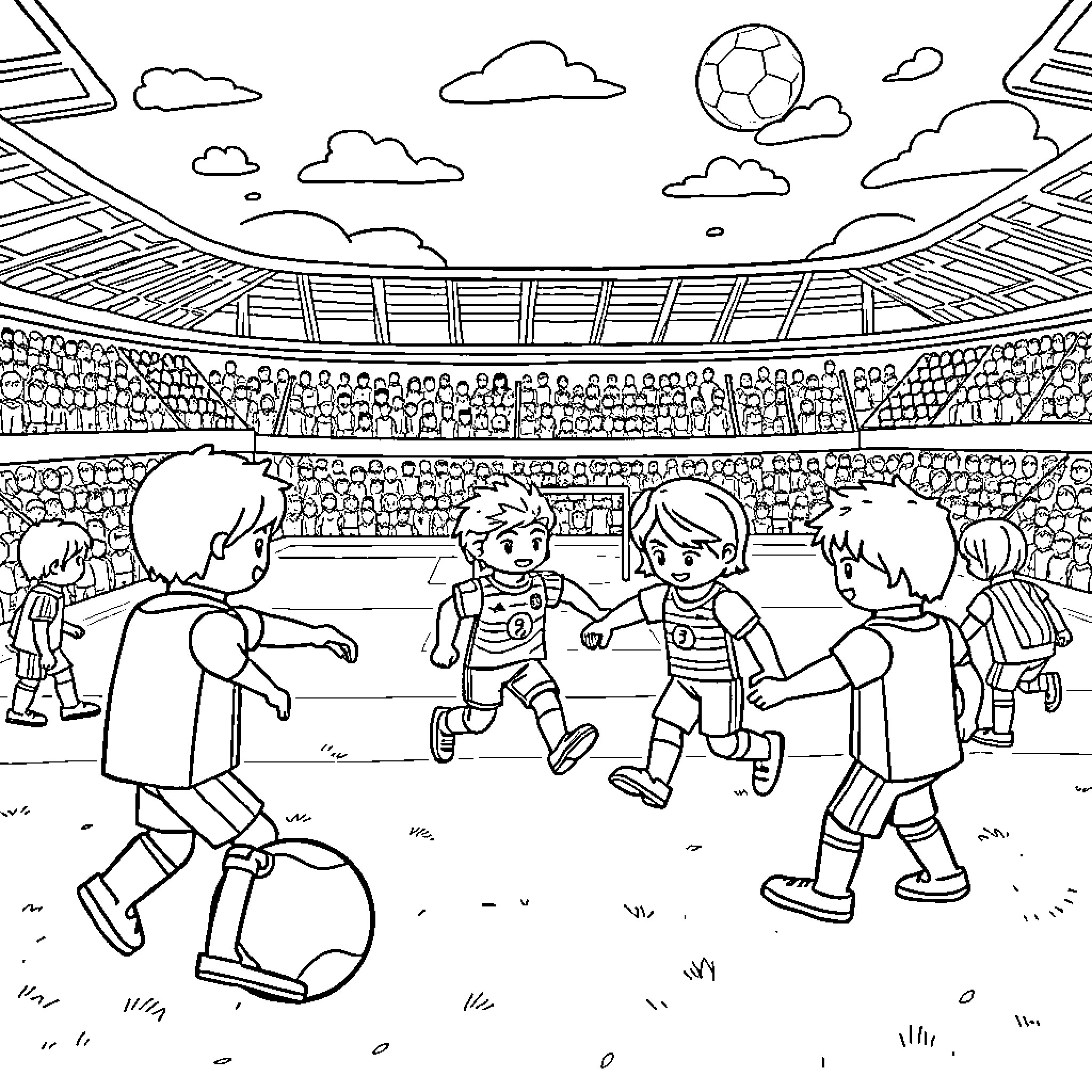 Playmobil characters playing soccer in a stadium Coloring Page (free black-and-white line drawing printable PDF for all, from beginners to advanced learners, including children, teens, adults, and seniors)