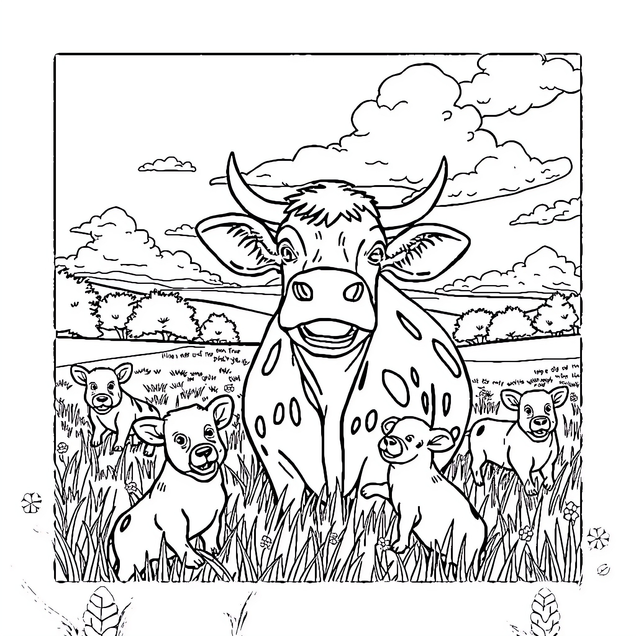 Vache with her calves enjoying the countryside Coloring Page (free black-and-white line drawing printable PDF for all, from beginners to advanced learners, including children, teens, adults, and seniors)