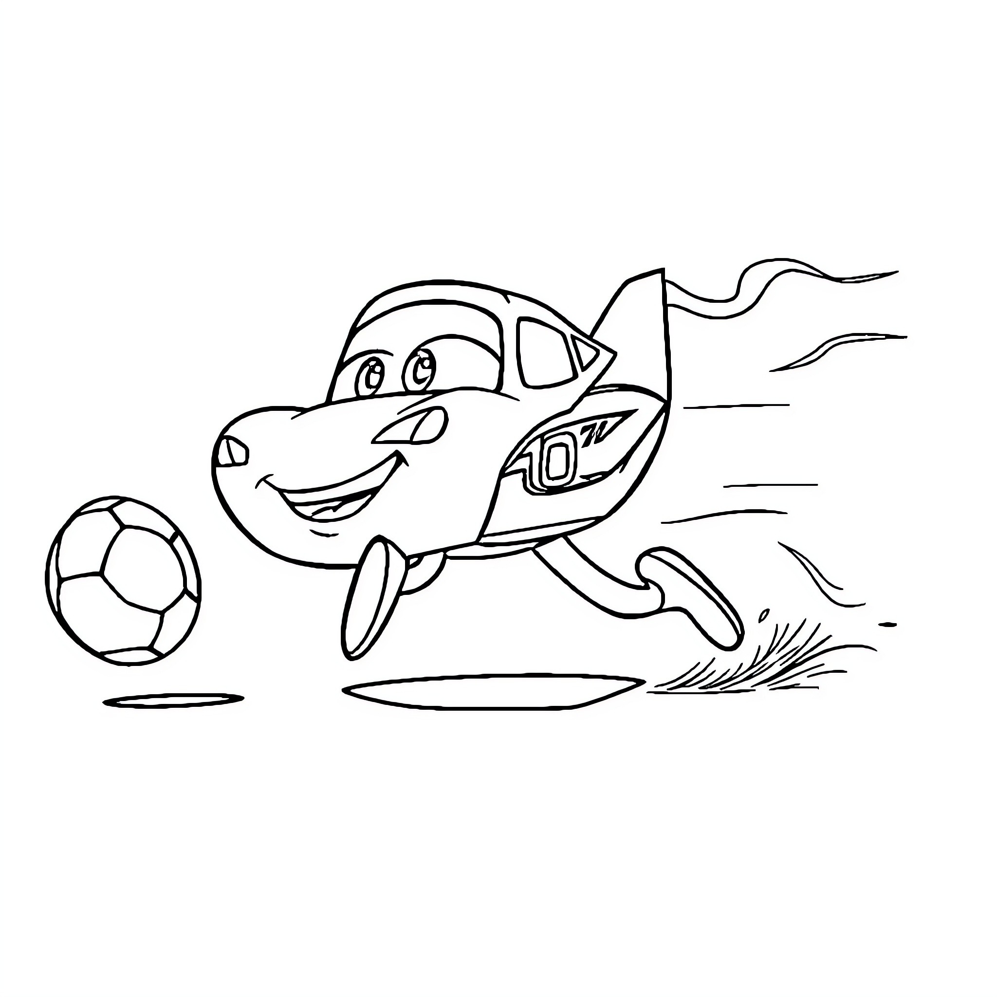 Flash McQueen playing with soccer ball Coloring Page (free black-and-white line drawing printable PDF for all, from beginners to advanced learners, including children, teens, adults, and seniors)