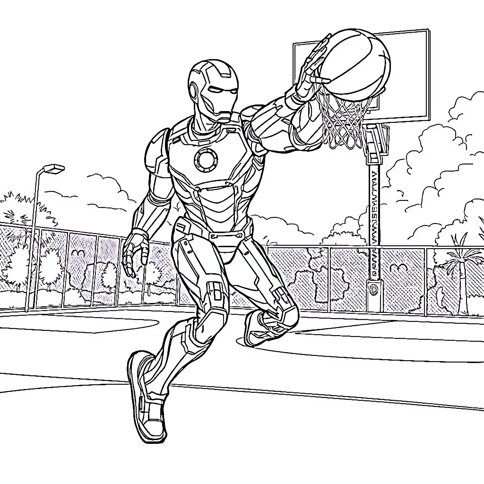 Iron Man playing basketball in the park Coloring Page (free black-and-white line drawing printable PDF for all, from beginners to advanced learners, including children, teens, adults, and seniors)