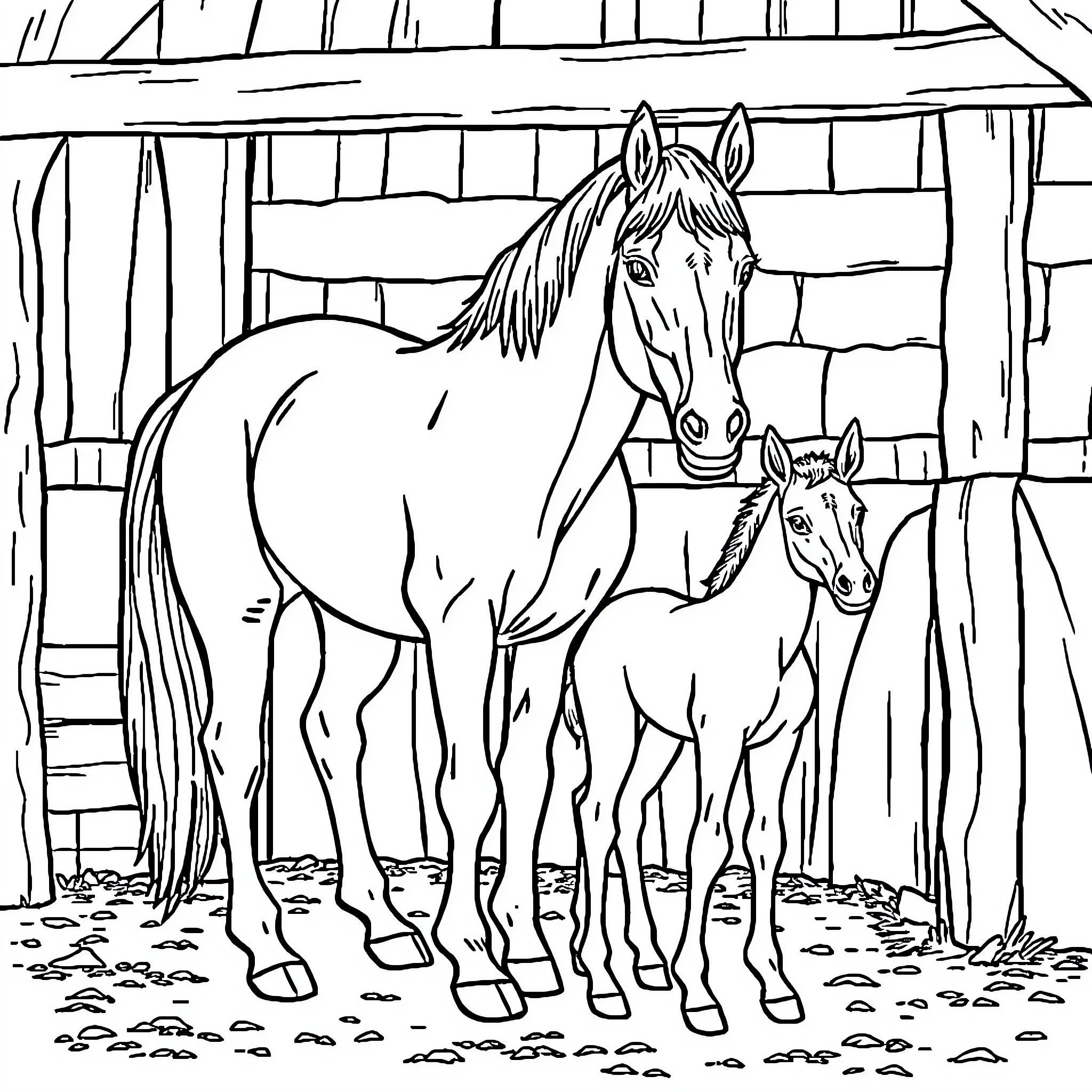 Horse and foal standing in a barn Coloring Page (free black-and-white line drawing printable PDF for all, from beginners to advanced learners, including children, teens, adults, and seniors)
