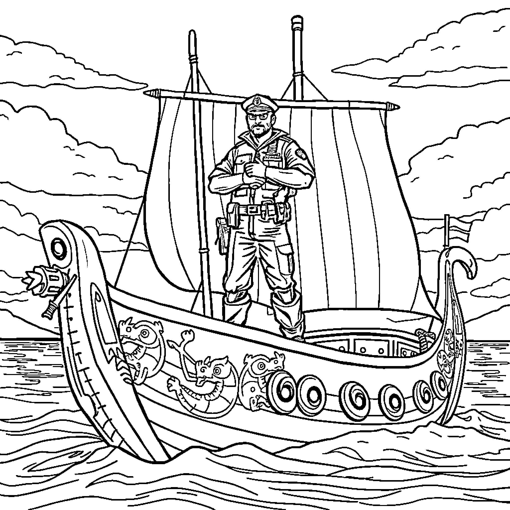 Police Officer Patrolling on Viking Ship in Open Waters Coloring Page (free black-and-white line drawing printable PDF for all, from beginners to advanced learners, including children, teens, adults, and seniors)