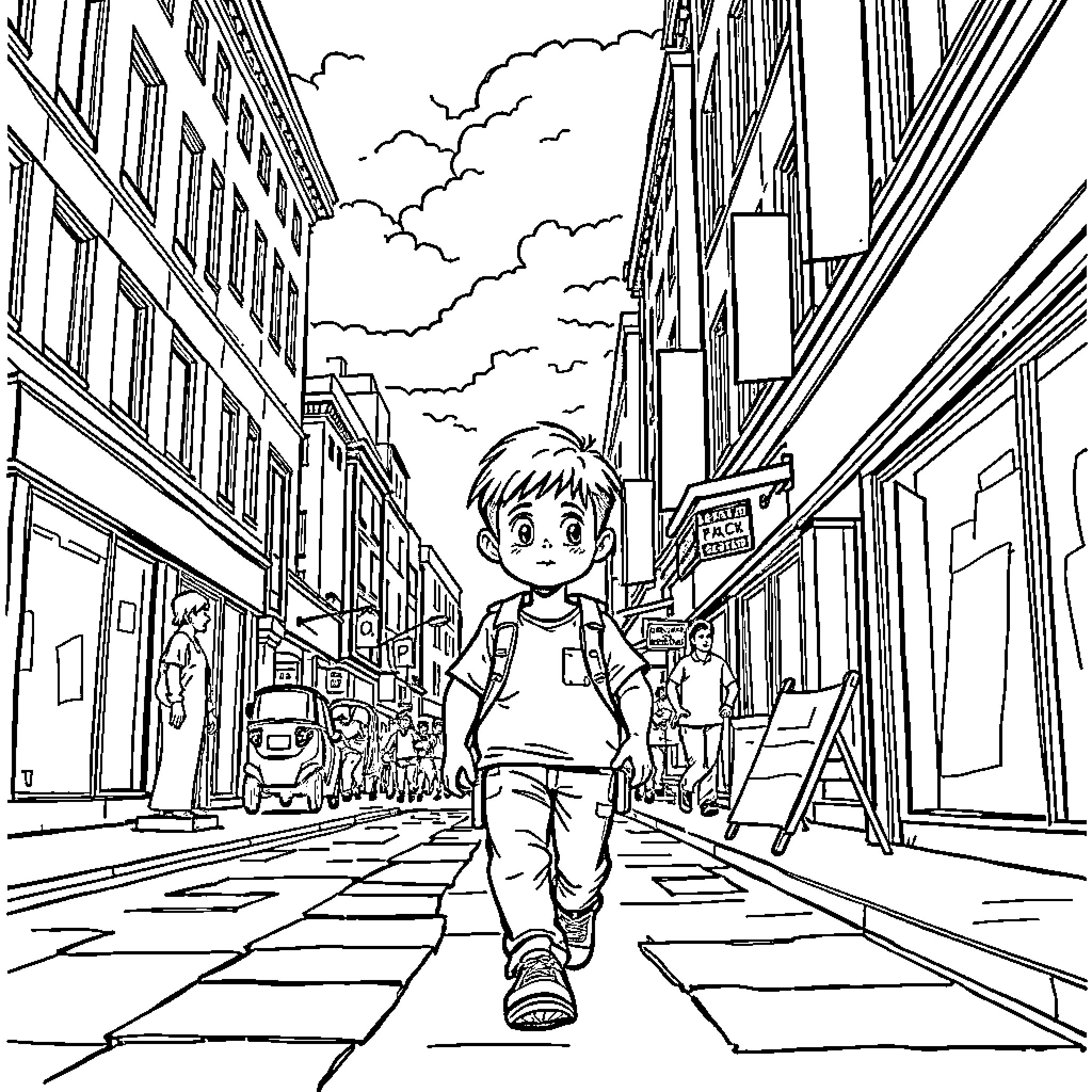 Boy exploring the bustling city street Coloring Page (free black-and-white line drawing printable PDF for all, from beginners to advanced learners, including children, teens, adults, and seniors)