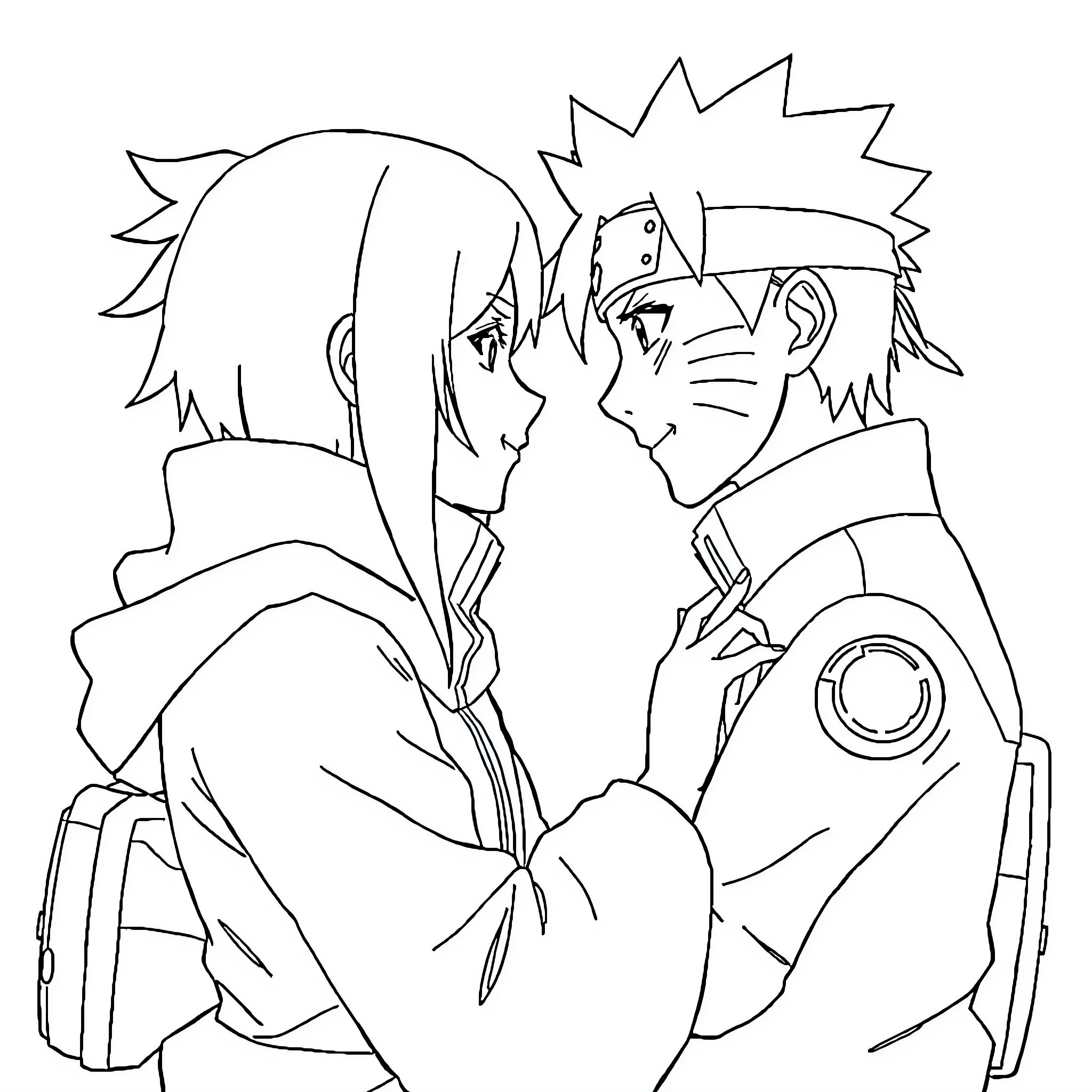 Naruto characters in close conversation Coloring Page (free black-and-white line drawing printable PDF for all, from beginners to advanced learners, including children, teens, adults, and seniors)