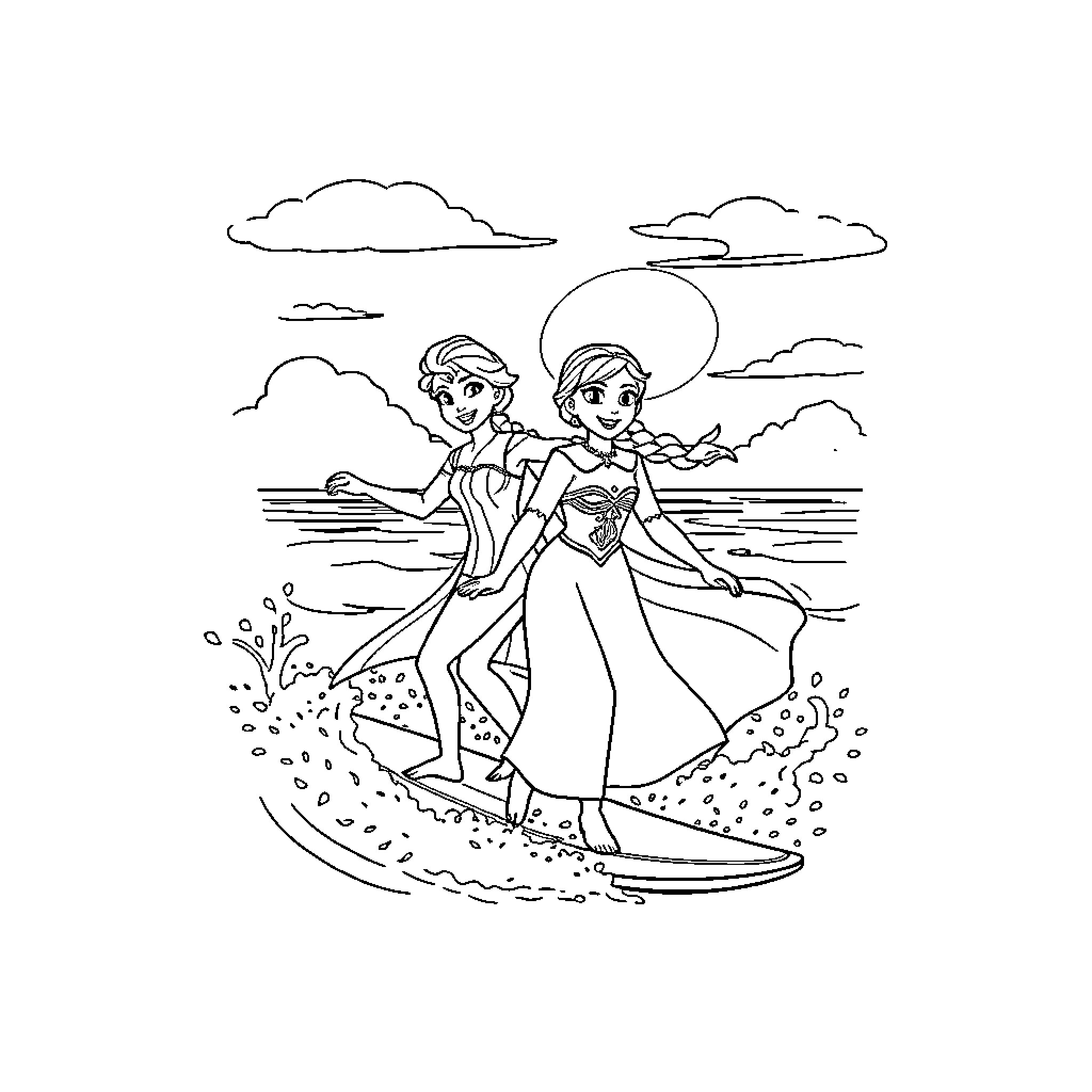 Elsa and Anna enjoying a beach adventure Coloring Page (free black-and-white line drawing printable PDF for all, from beginners to advanced learners, including children, teens, adults, and seniors)