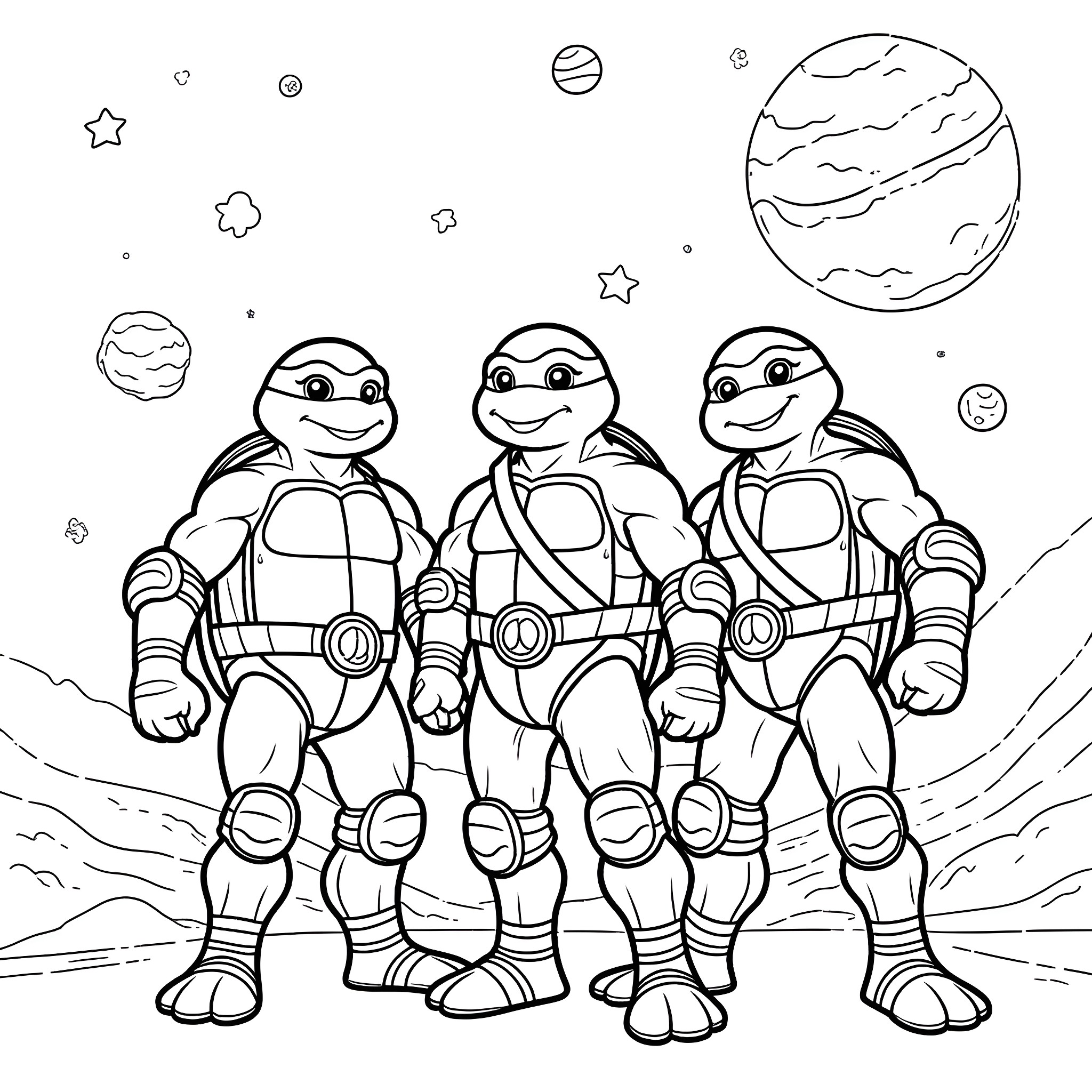 Ninja Turtles exploring outer space Coloring Page (free black-and-white line drawing printable PDF for all, from beginners to advanced learners, including children, teens, adults, and seniors)