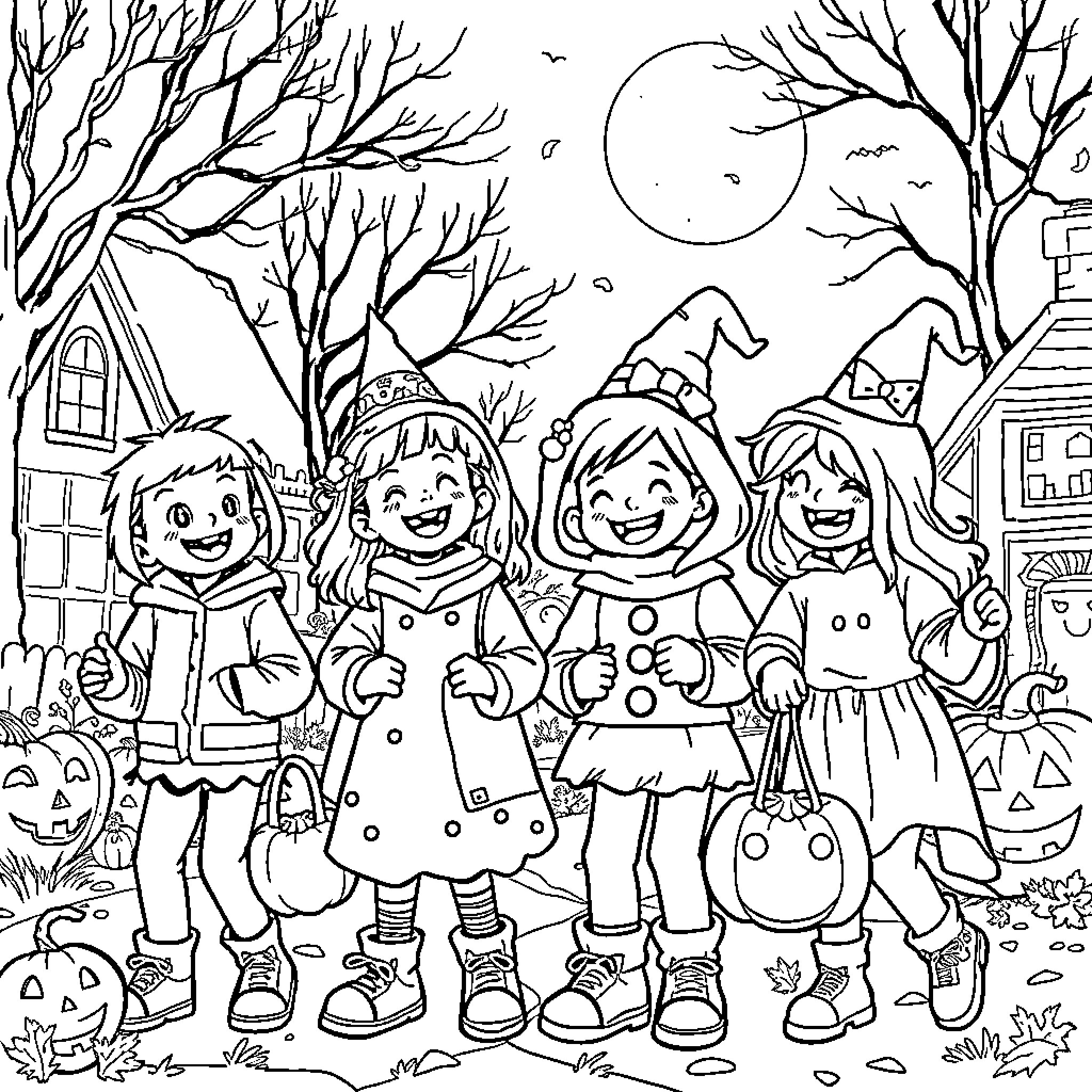 Kids in Halloween costumes celebrating at night Coloring Page (free black-and-white line drawing printable PDF for all, from beginners to advanced learners, including children, teens, adults, and seniors)