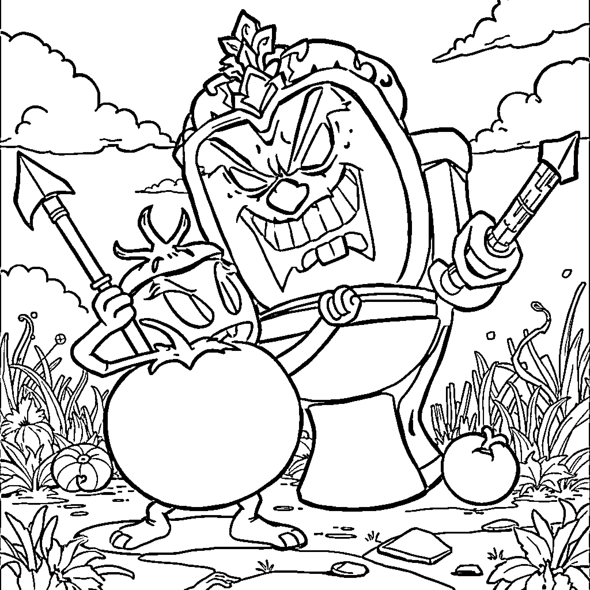Tomatoro's Wacky Outdoor Adventure Coloring Page (free black-and-white line drawing printable PDF for all, from beginners to advanced learners, including children, teens, adults, and seniors)