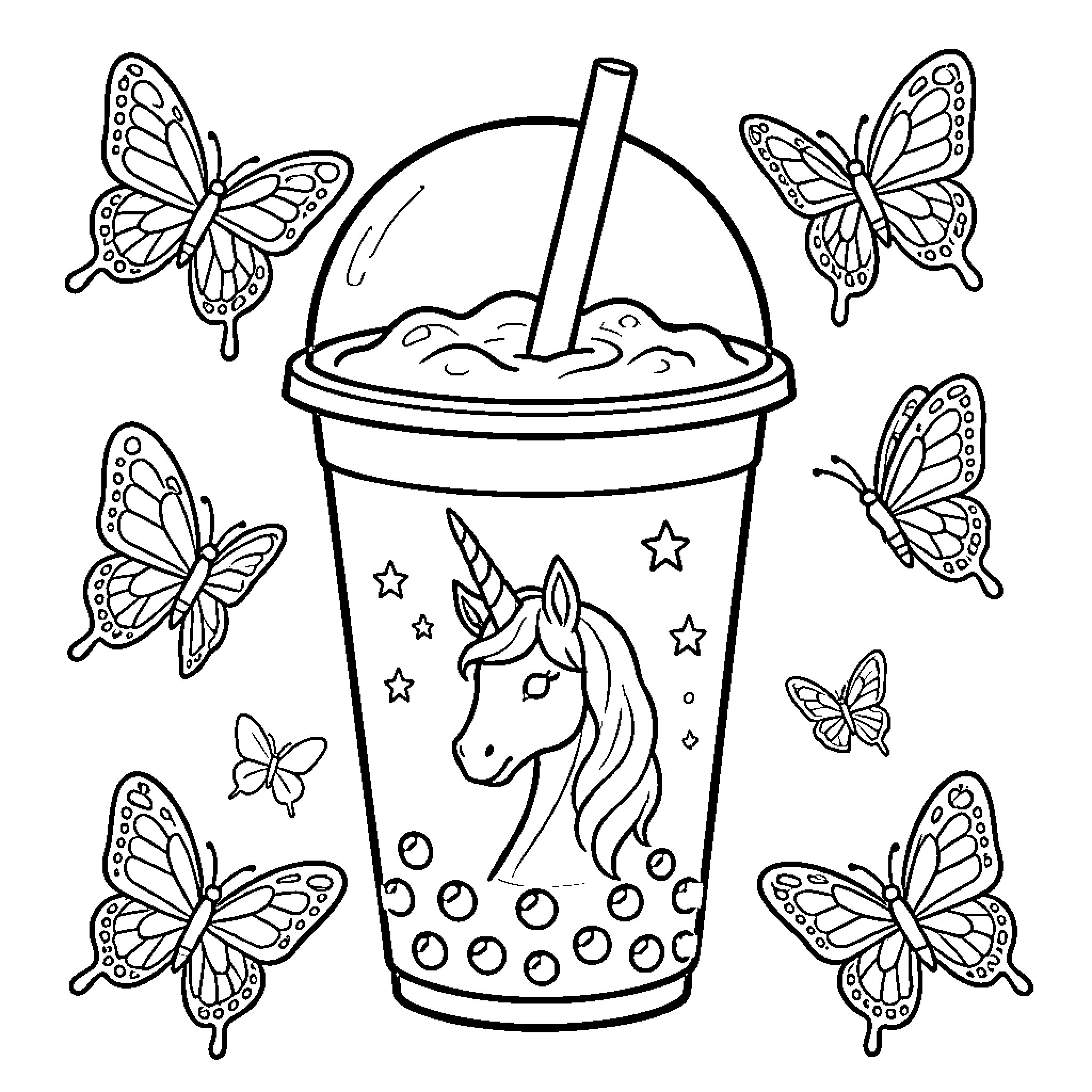 Bubble Tea cup with a unicorn and flying butterflies Coloring Page (free black-and-white line drawing printable PDF for all, from beginners to advanced learners, including children, teens, adults, and seniors)