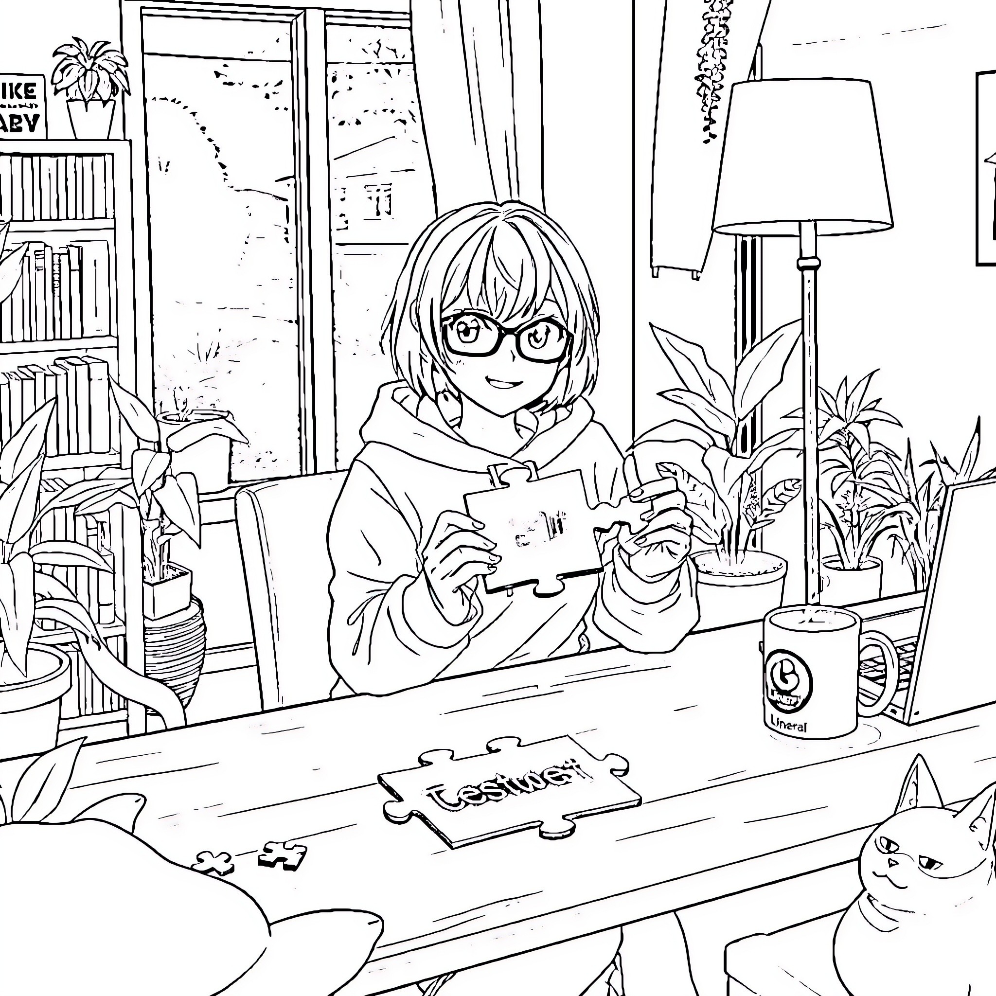 Woman reading book in cozy home setting Coloring Page (free black-and-white line drawing printable PDF for all, from beginners to advanced learners, including children, teens, adults, and seniors)