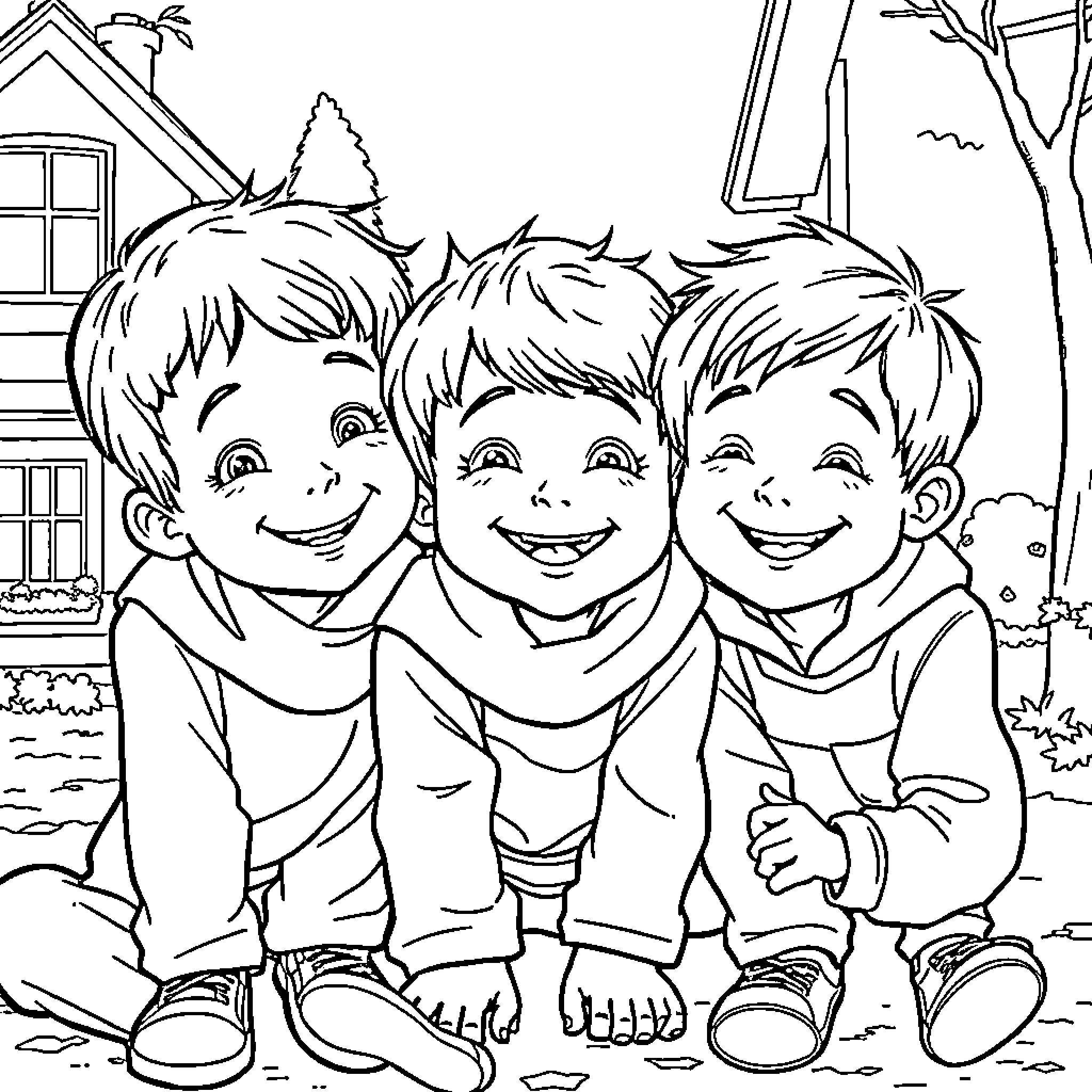 Child friends playing happily in the yard Coloring Page (free black-and-white line drawing printable PDF for all, from beginners to advanced learners, including children, teens, adults, and seniors)