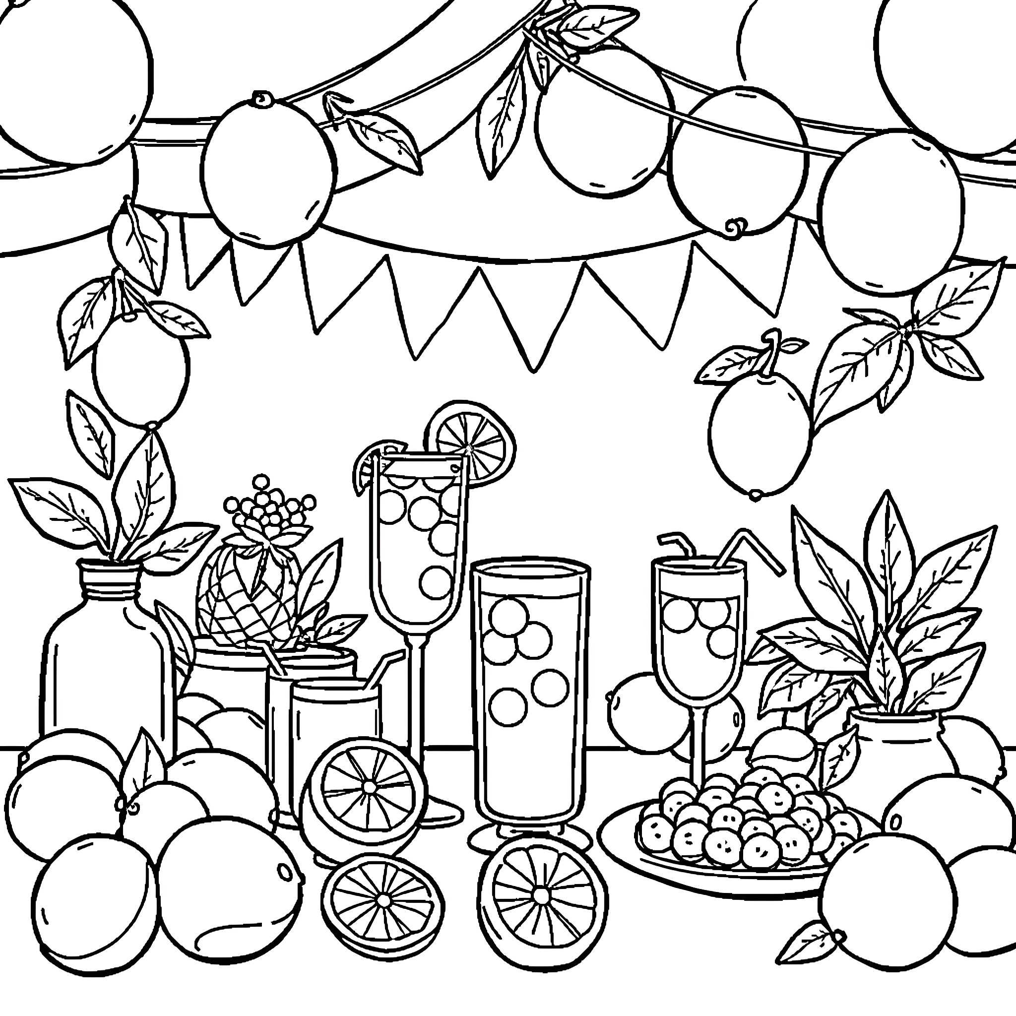 Lemon-themed party decorations and refreshments Coloring Page (free black-and-white line drawing printable PDF for all, from beginners to advanced learners, including children, teens, adults, and seniors)