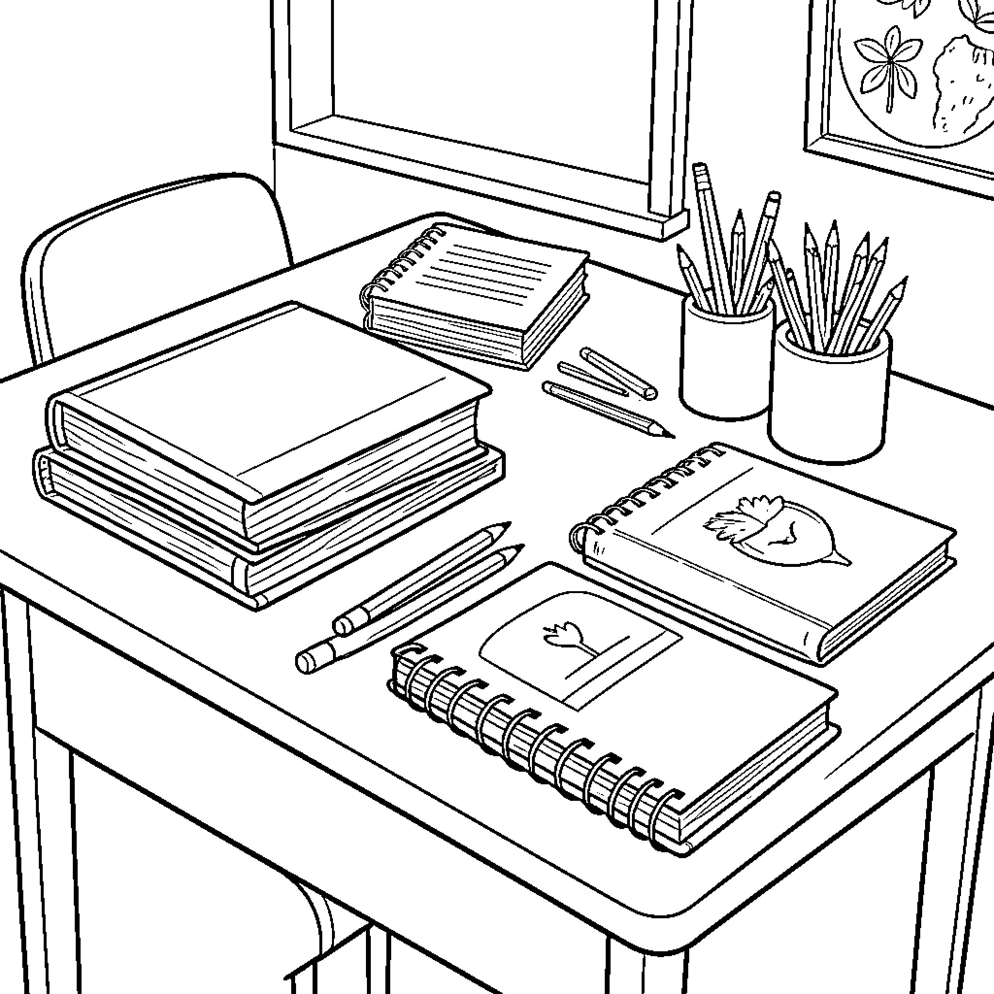 School Objects in Classroom Setting Coloring Page (free black-and-white line drawing printable PDF for all, from beginners to advanced learners, including children, teens, adults, and seniors)