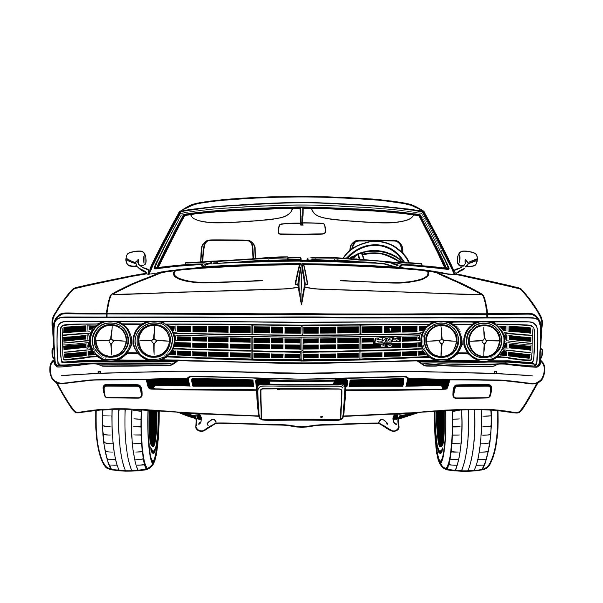 Impala classic car front view illustration Coloring Page (free black-and-white line drawing printable PDF for all, from beginners to advanced learners, including children, teens, adults, and seniors)