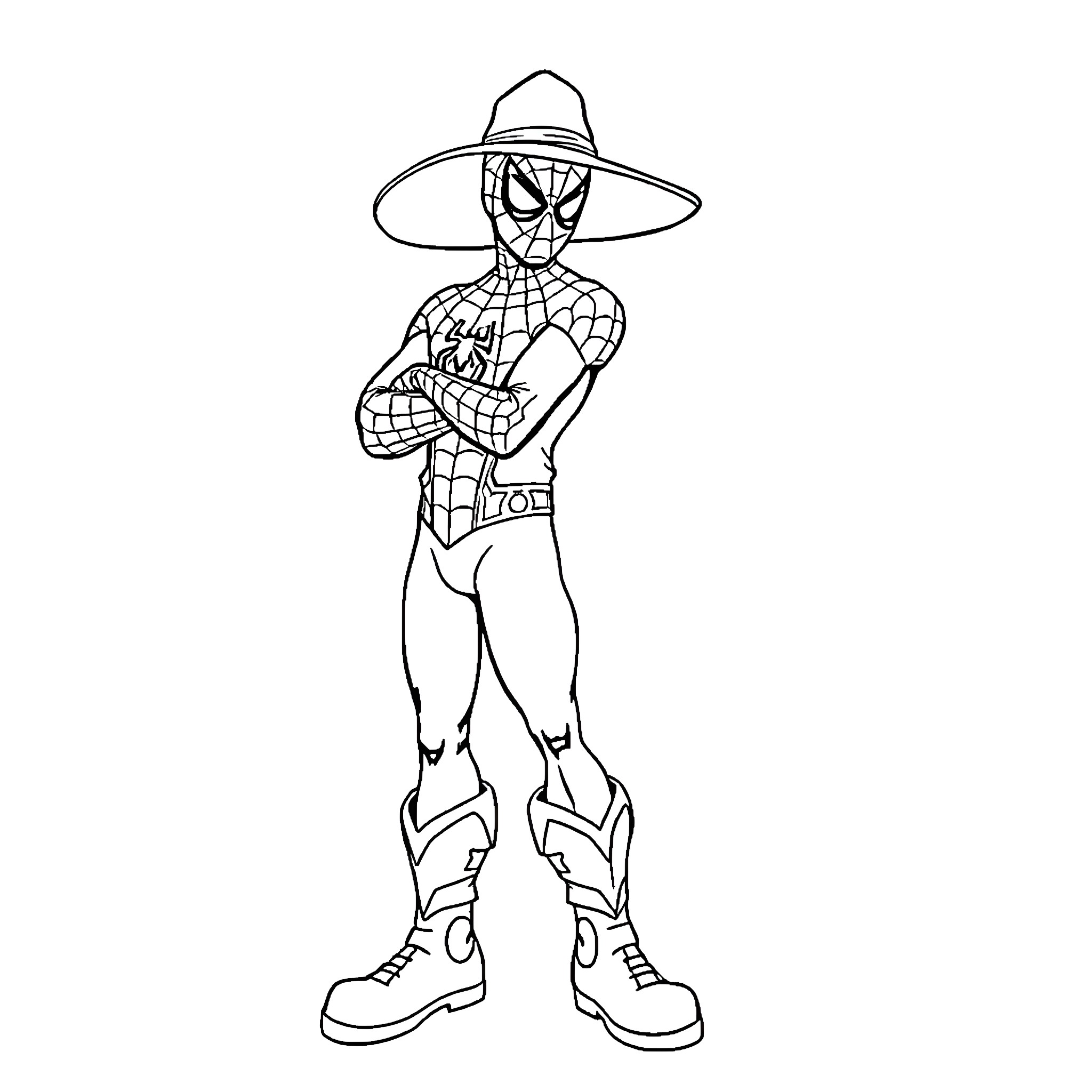 Spiderman in Stylized Uniform and Stance Coloring Page (free black-and-white line drawing printable PDF for all, from beginners to advanced learners, including children, teens, adults, and seniors)